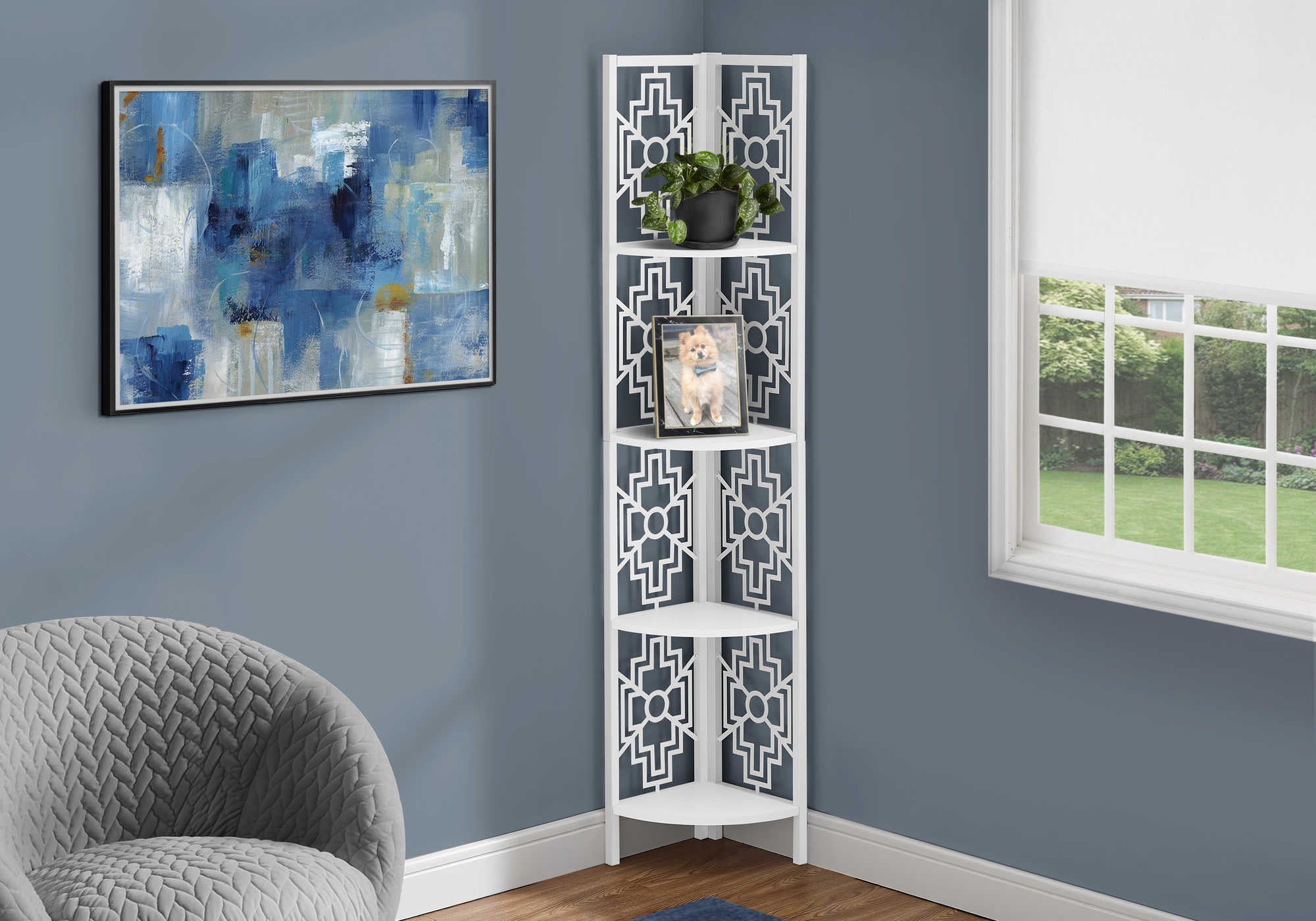 BOOKCASE - 62"H / WHITE / WHITE METAL CORNER ETAGERE # I 3623