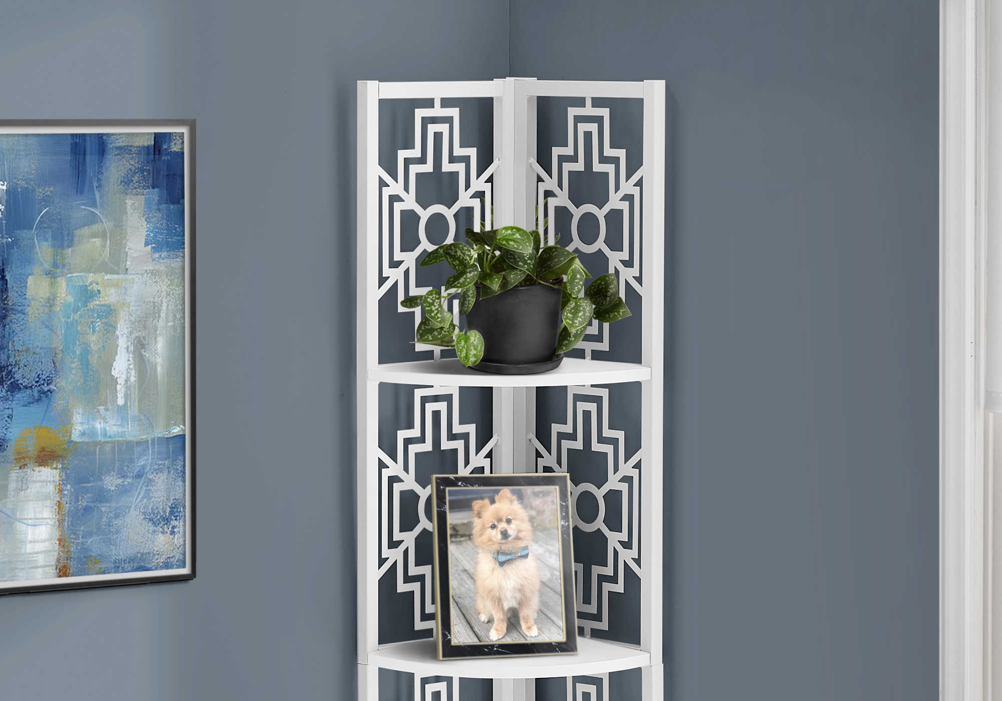 BOOKCASE - 62"H / WHITE / WHITE METAL CORNER ETAGERE # I 3623