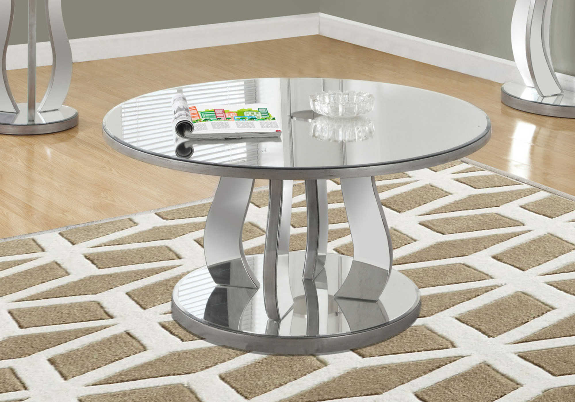 TABLE BASSE - 36"DIA / ARGENT BROSSÉ / MIROIR # I 3725