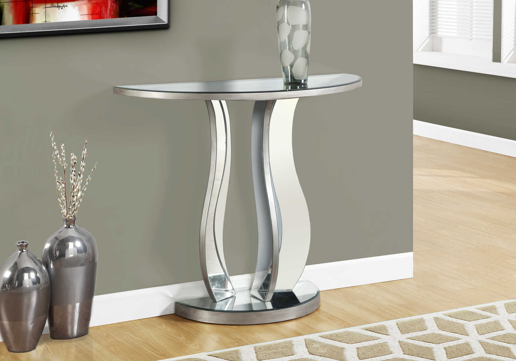 TABLE D'APPOINT - 36"L / ARGENT BROSSÉ / MIROIR #I 3727