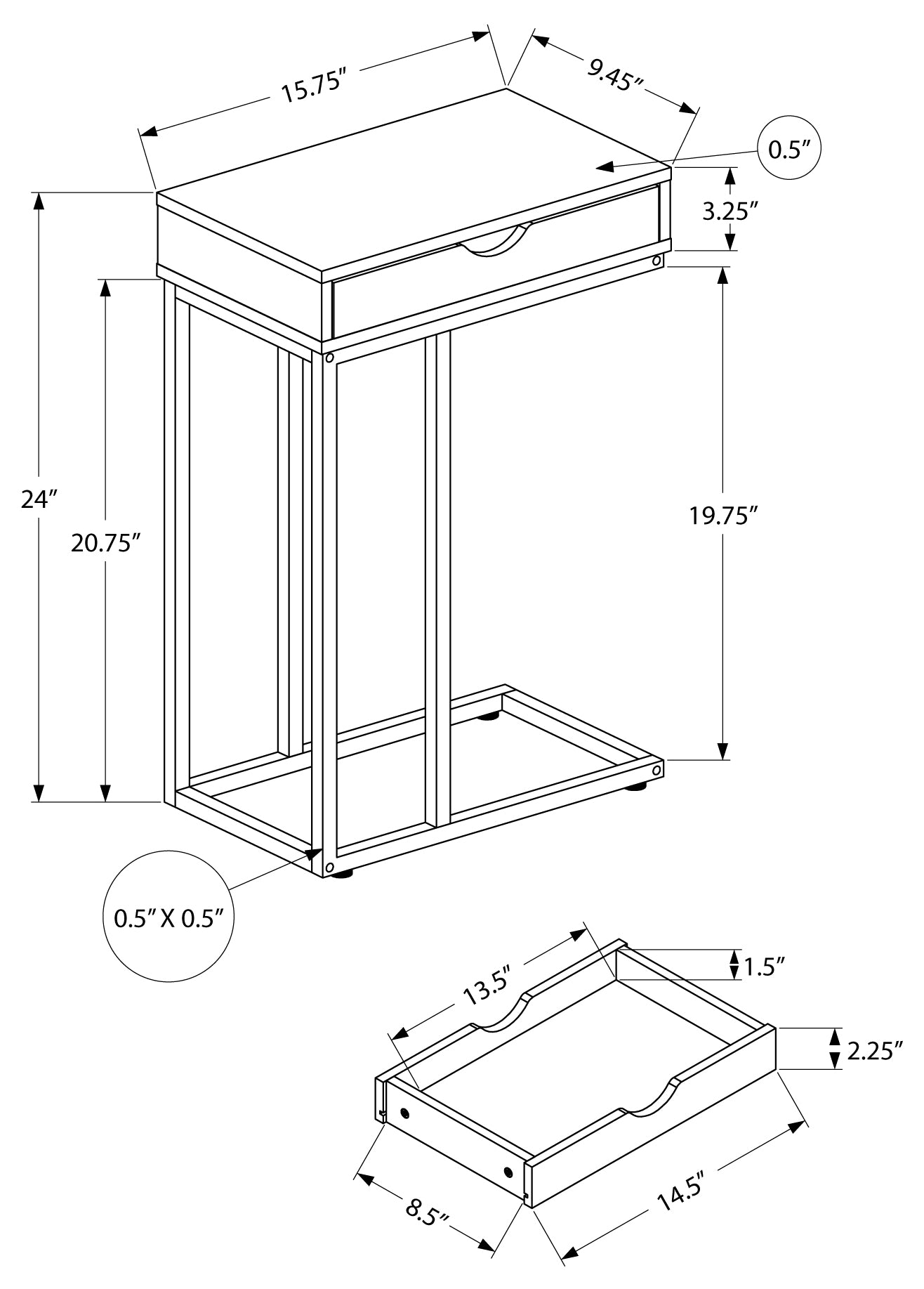 TABLE DE NUIT - 25"H / BLANC / MÉTAL NOIR #I 3770