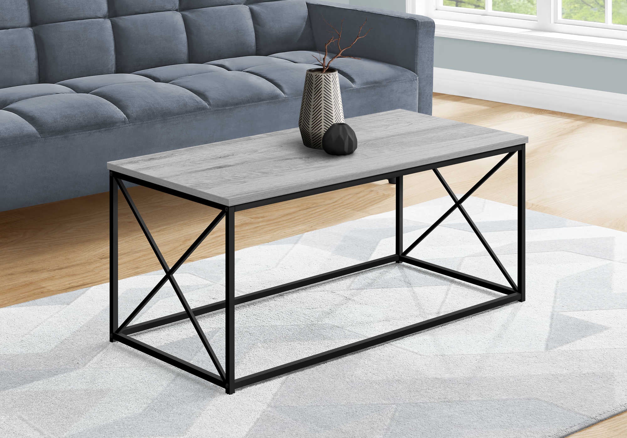 TABLE BASSE - 40"L / GRIS / MÉTAL NOIR # I 3782