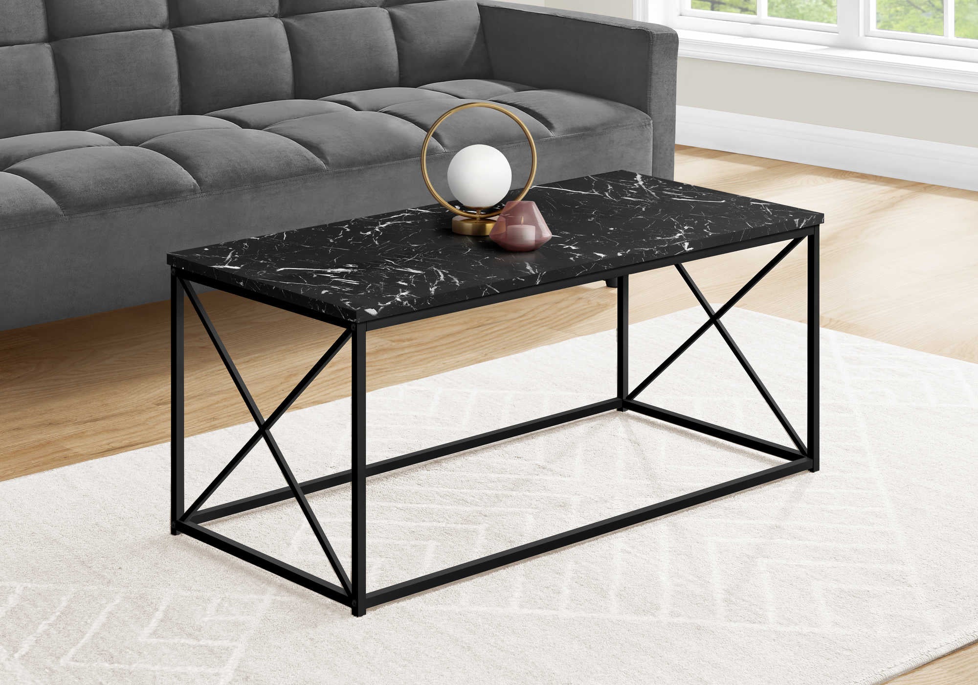 TABLE BASSE - 40"L / MARBRE NOIR / MÉTAL NOIR # I 3783