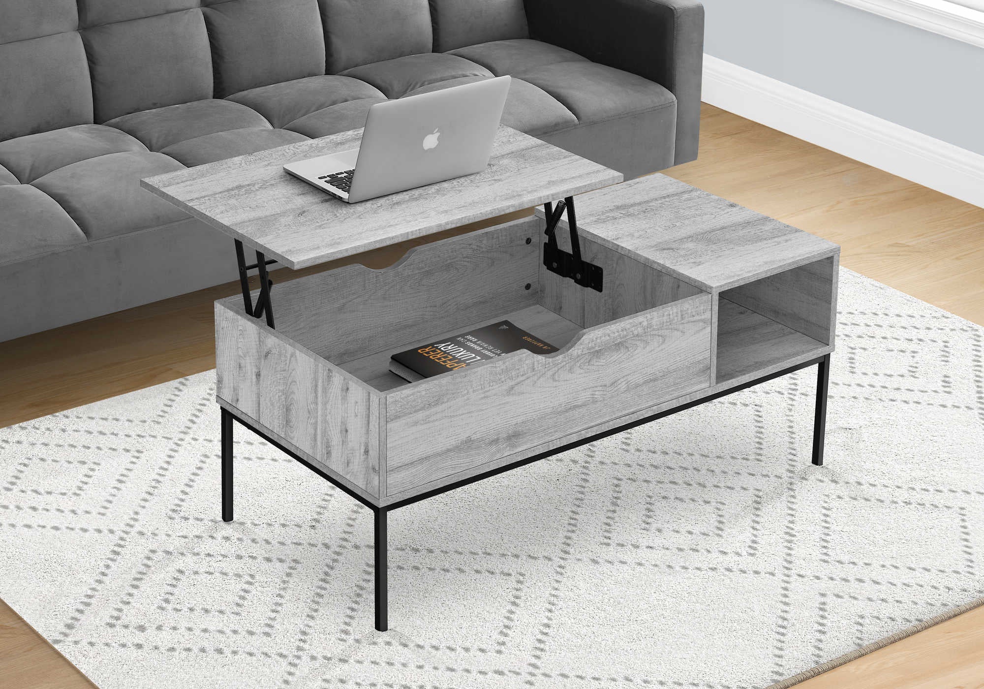 COFFEE TABLE - 42"L / LIFT-TOP GREY / BLACK METAL # I 3805