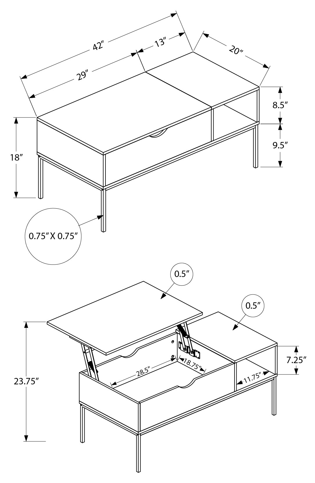 COFFEE TABLE - 42"L / LIFT-TOP GREY / BLACK METAL # I 3805