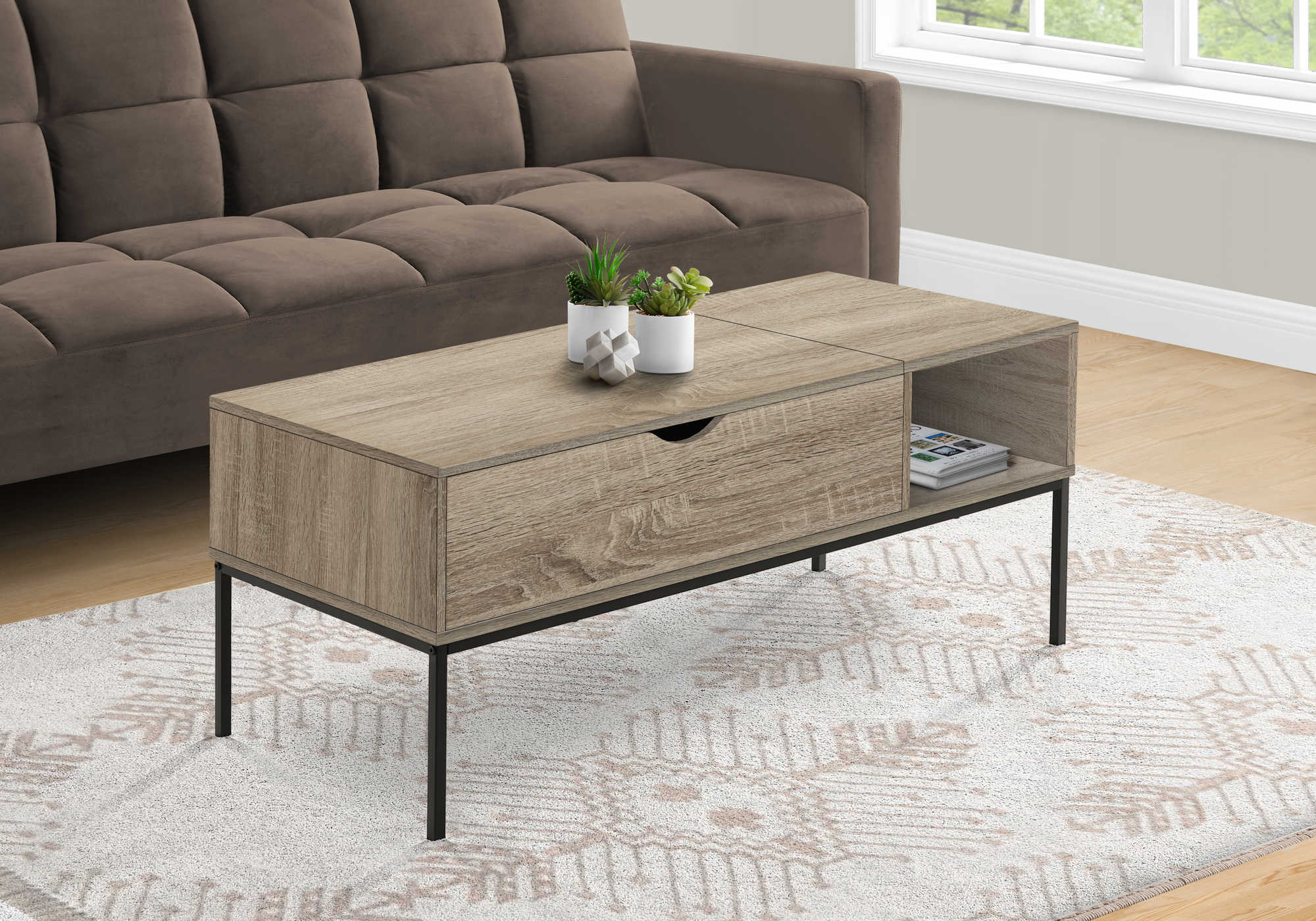 COFFEE TABLE - 42"L / LIFT-TOP DARK TAUPE / BLACK METAL # I 3806