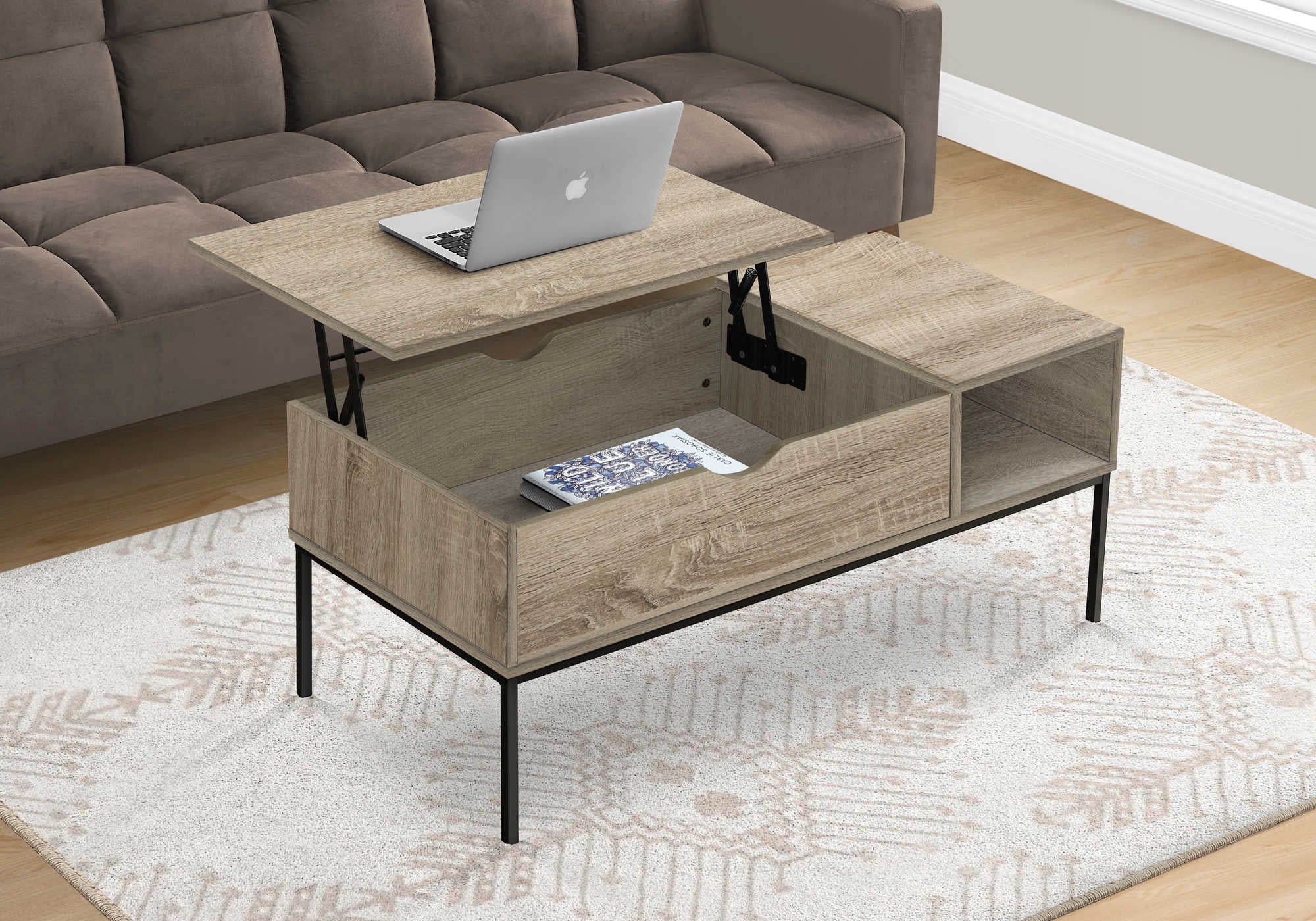 COFFEE TABLE - 42"L / LIFT-TOP DARK TAUPE / BLACK METAL # I 3806