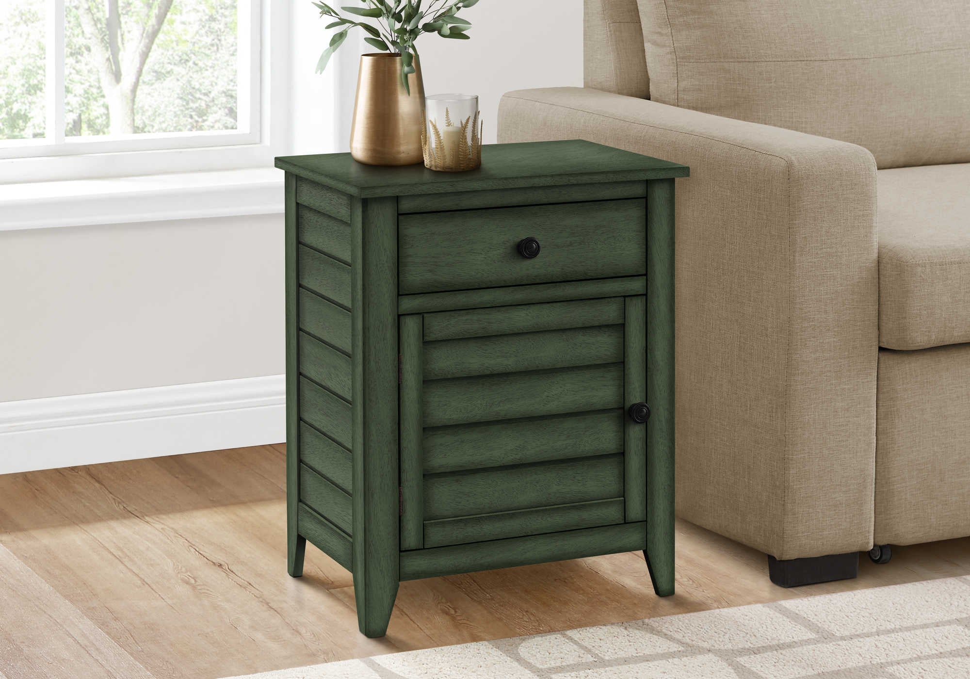 NIGHTSTAND - 25"H / ANTIQUE GREEN VENEER END TABLE #I 3948