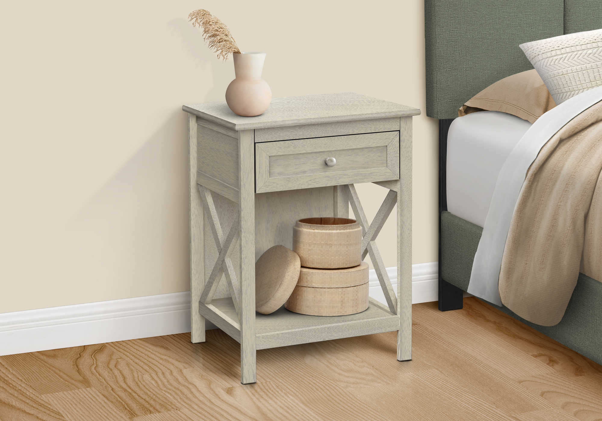 NIGHTSTAND - 25"H / ANTIQUE WHITE VENEER END TABLE #I 3984