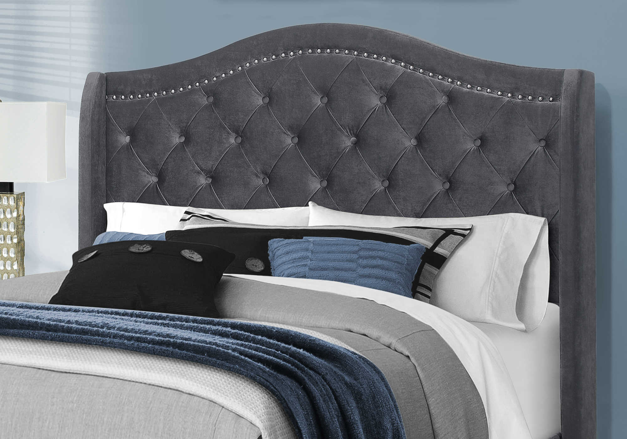 BED - QUEEN SIZE / DARK GREY VELVET WITH CHROME TRIM # I 5968Q