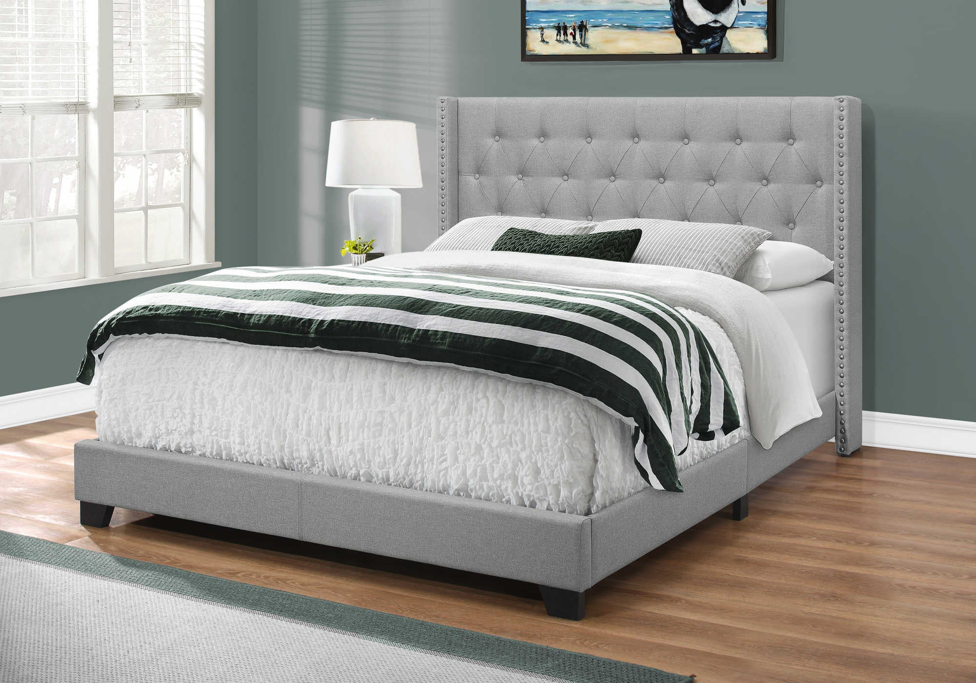 BED - QUEEN SIZE / GREY LINEN WITH CHROME TRIM # I 5984Q