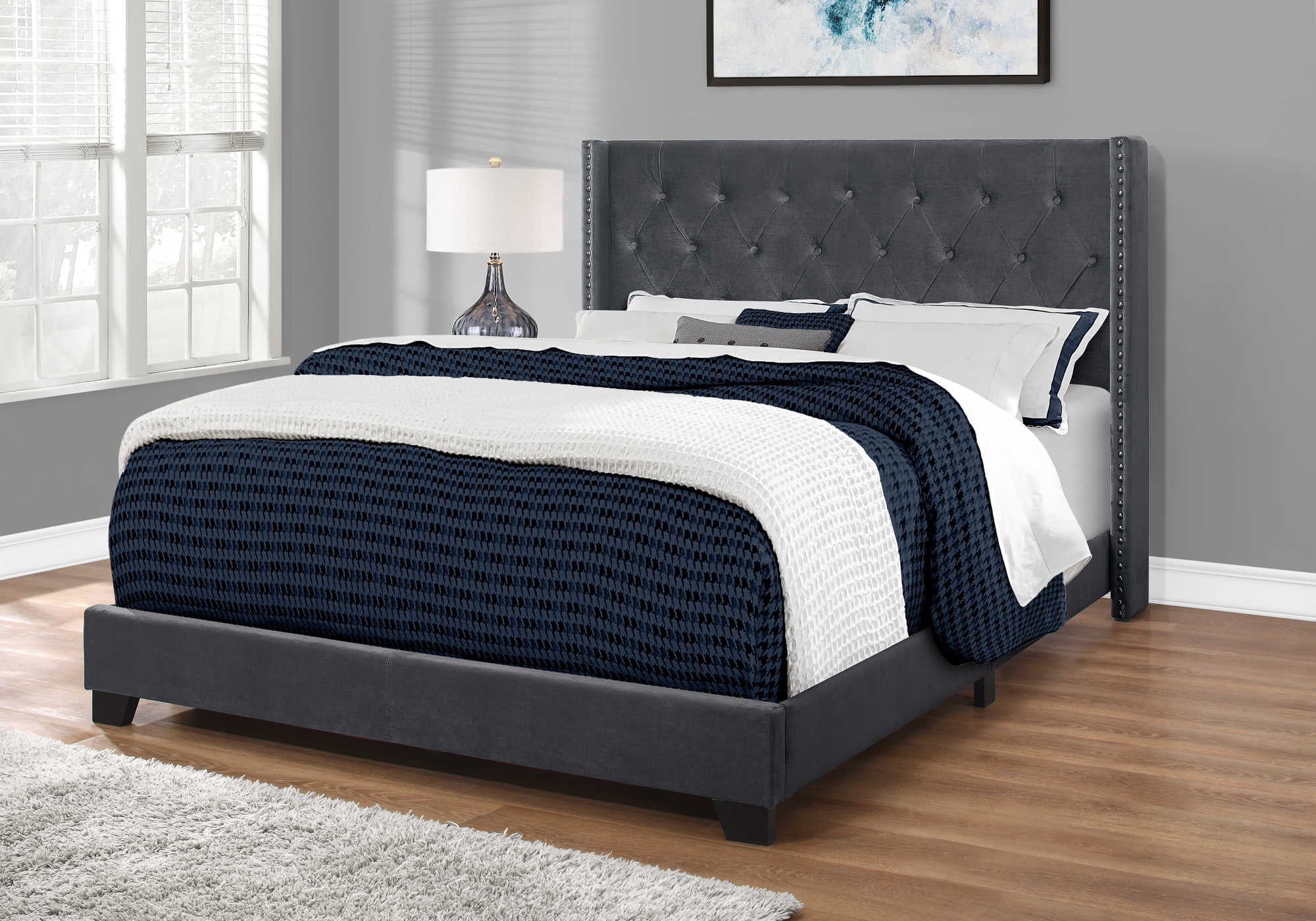 BED - QUEEN SIZE / DARK GREY VELVET WITH CHROME TRIM # I 5986Q