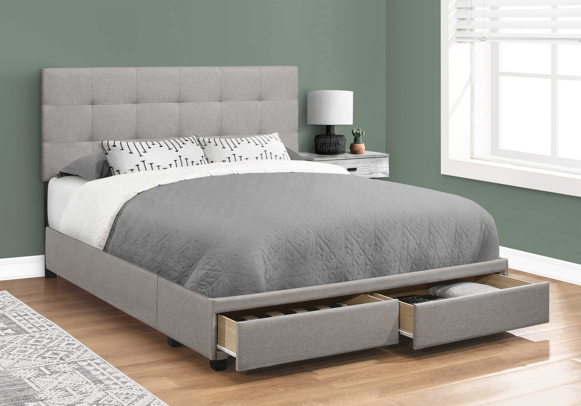 BED - QUEEN SIZE / GREY LINEN WITH 2 STORAGE DRAWERS # I 6020Q