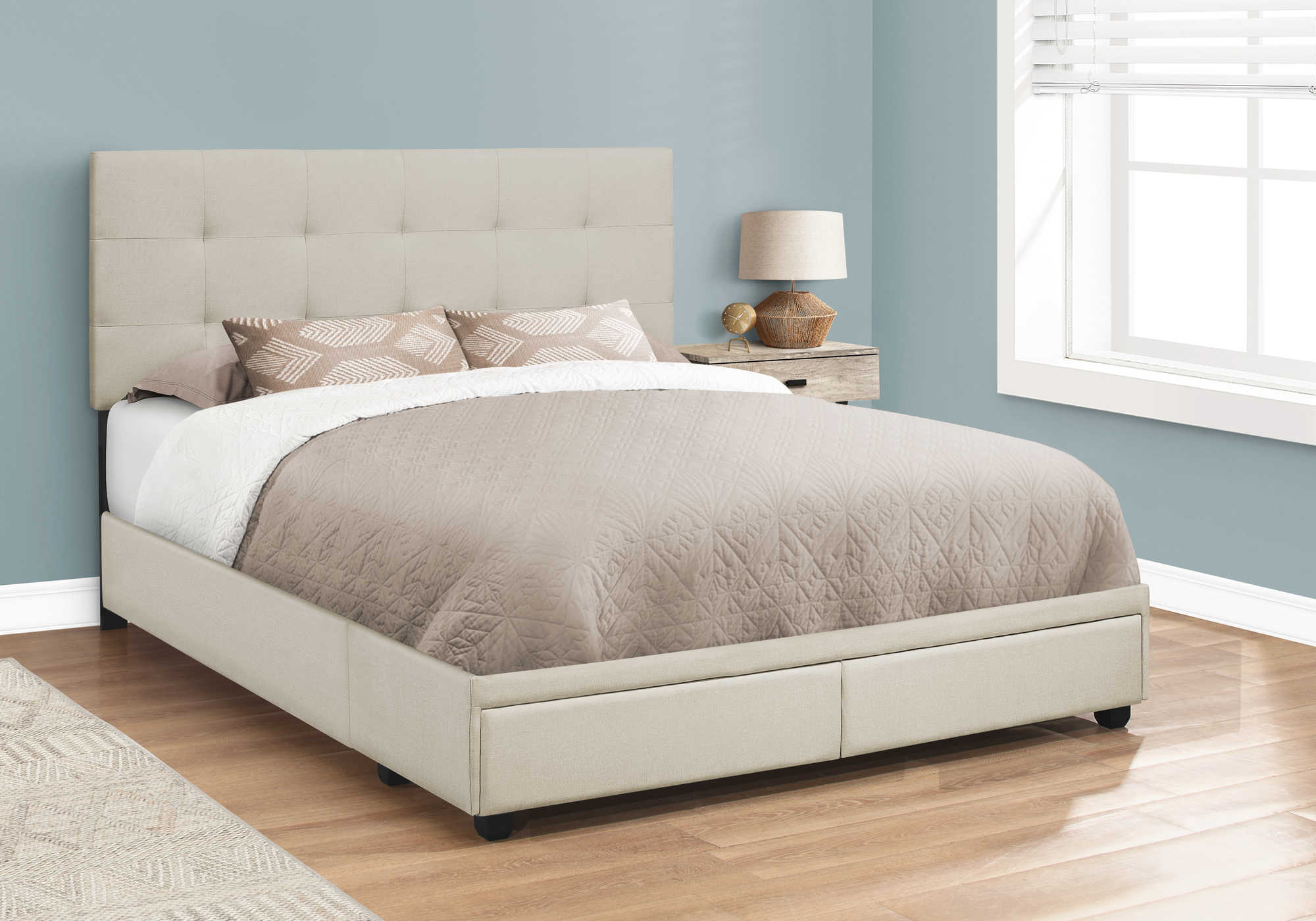 BED - QUEEN SIZE / BEIGE LINEN WITH 2 STORAGE DRAWERS # I 6021Q