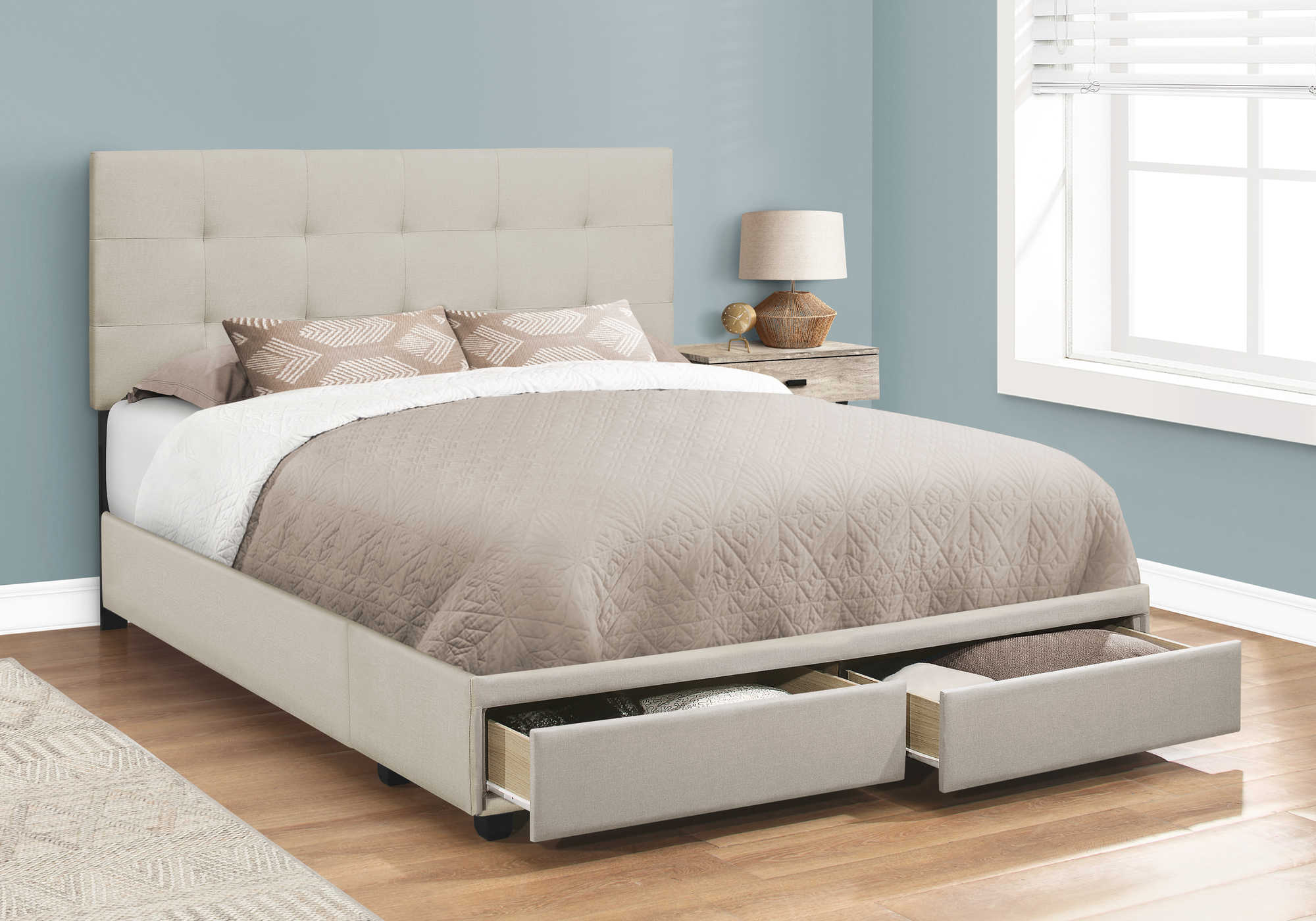 BED - QUEEN SIZE / BEIGE LINEN WITH 2 STORAGE DRAWERS # I 6021Q