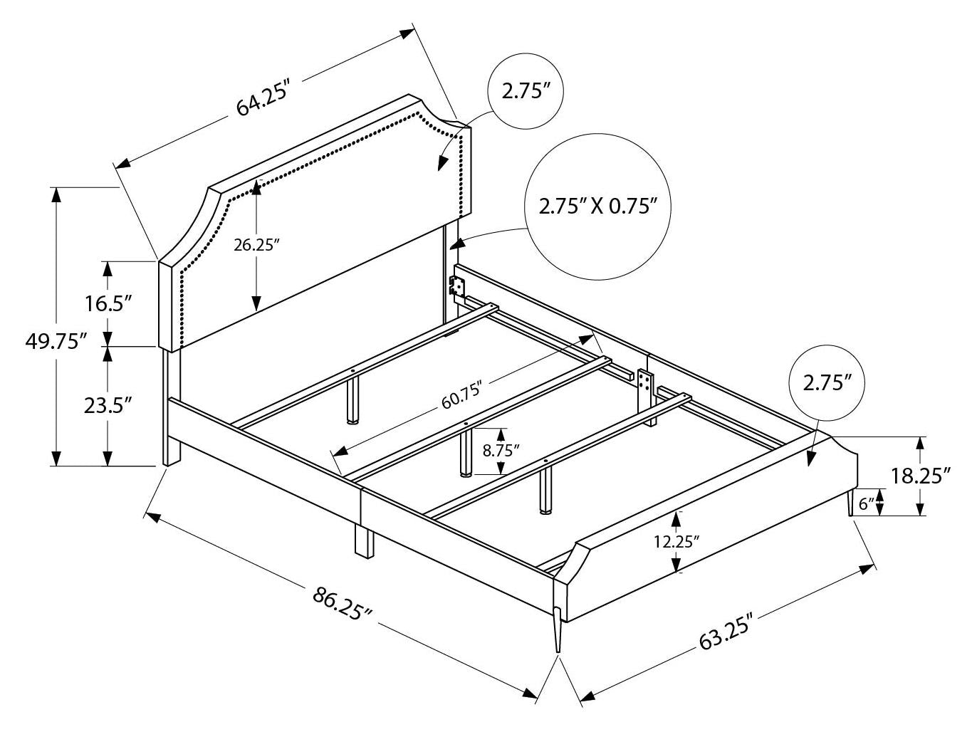 BED - QUEEN SIZE / GREY LINEN WITH CHROME METAL LEGS # I 6035Q