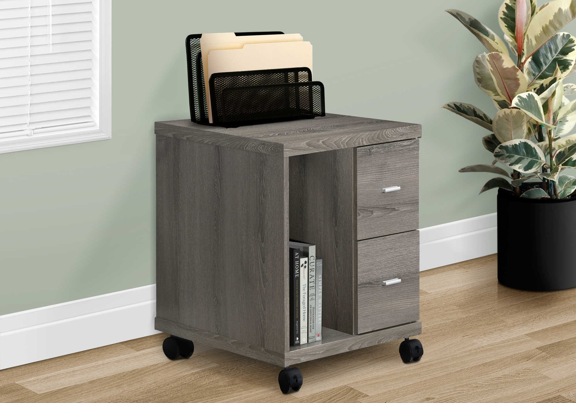 ARMOIRE DE BUREAU - TAUPE FONCÉ AVEC 2 TIROIRS SUR ROULETTES # I 7056