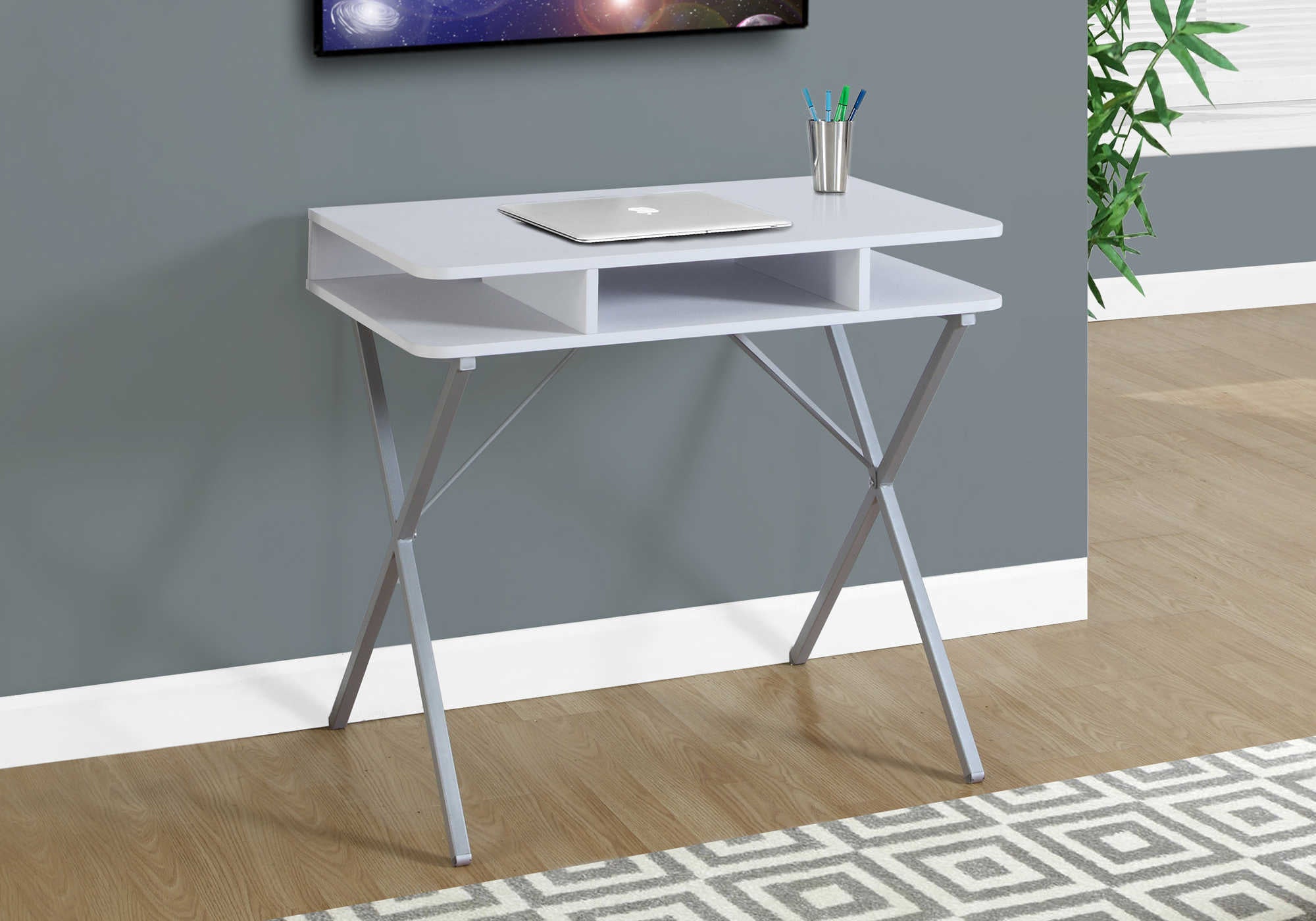 BUREAU D'ORDINATEUR - 31"L / DESSUS BLANC / MÉTAL ARGENT # I 7100