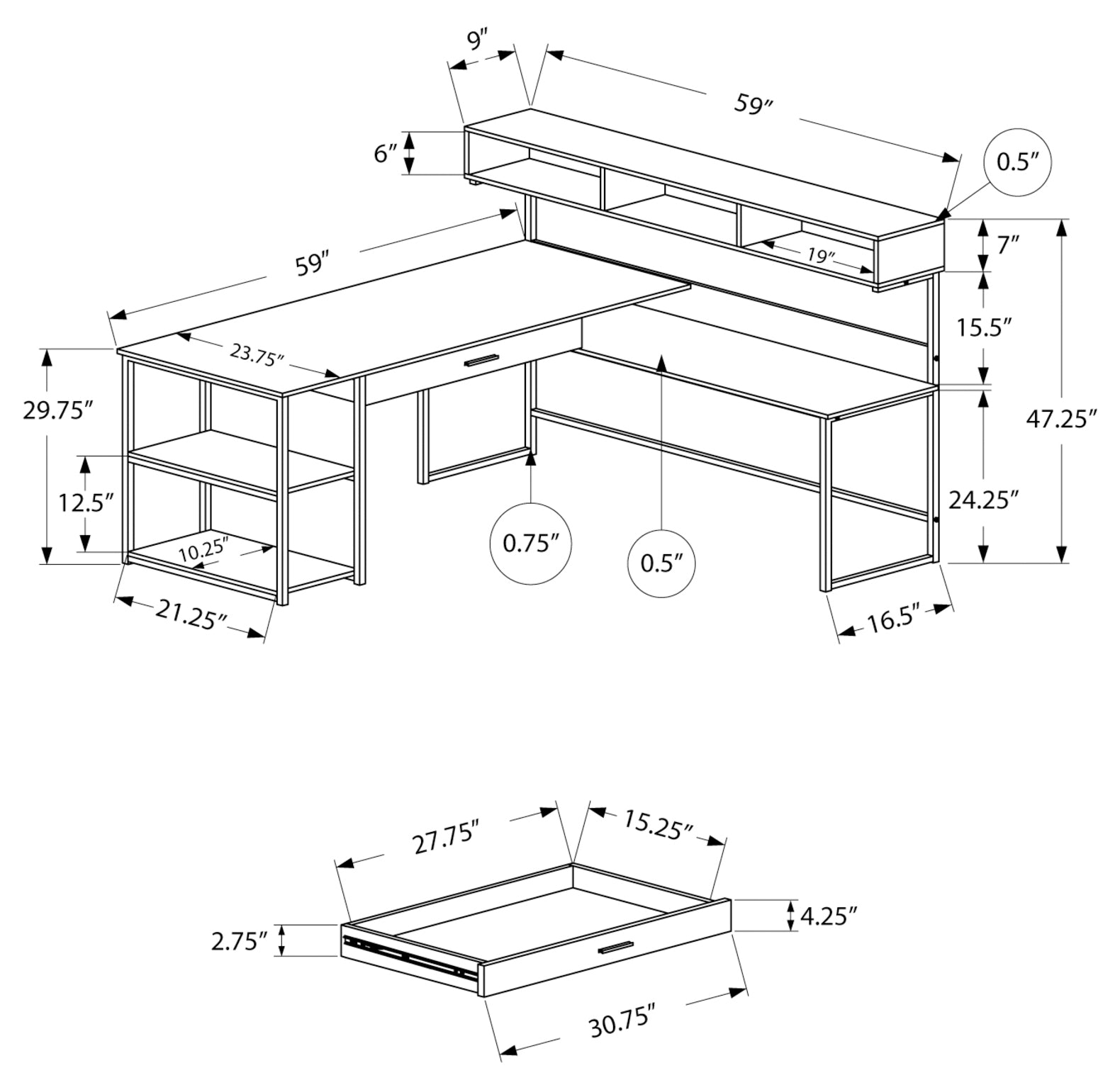 COMPUTER DESK - WHITE / SILVER METAL CORNER # I 7162