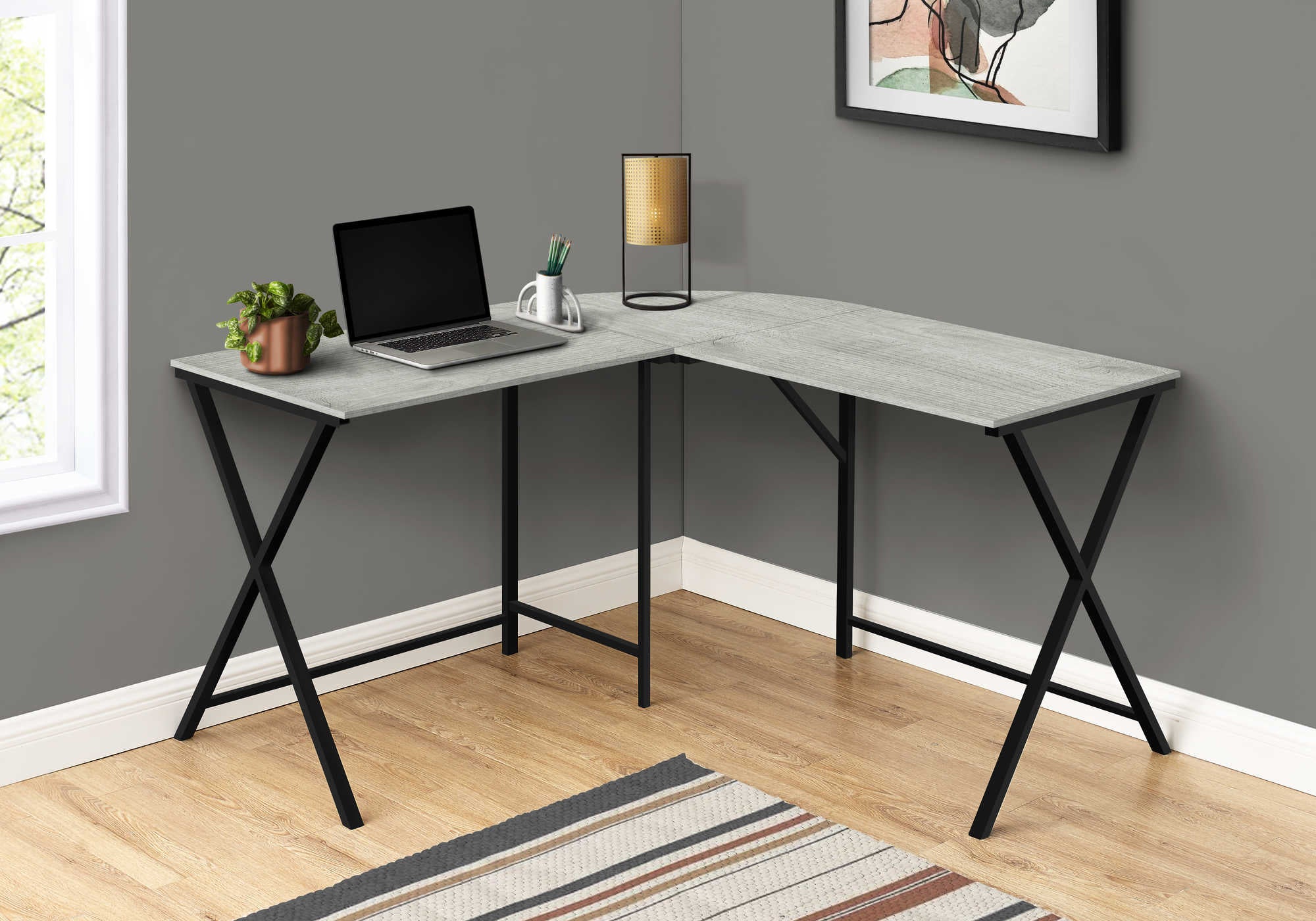 COMPUTER DESK - 55"L / GREY TOP / BLACK METAL CORNER # I 7196