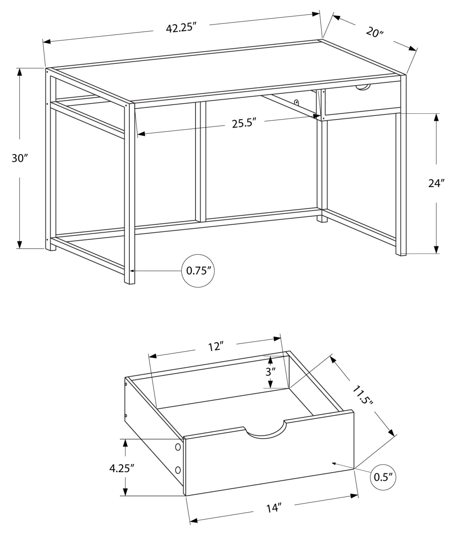 BUREAU D'ORDINATEUR - 42"L / GRIS / MÉTAL GRIS FONCÉ # I 7217