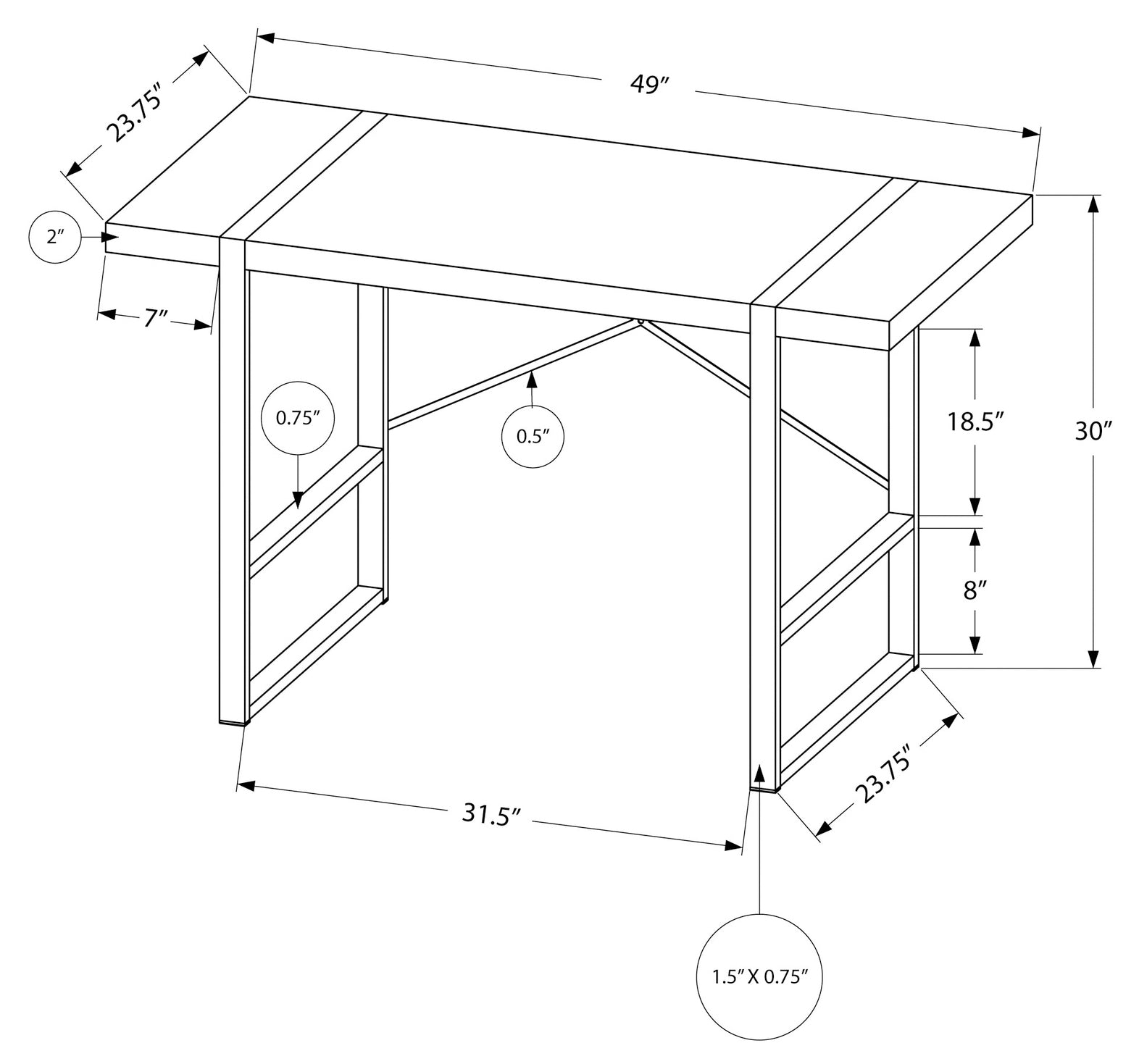 BUREAU D'ORDINATEUR - 48"L / BLANC / MÉTAL NOIR # I 7313