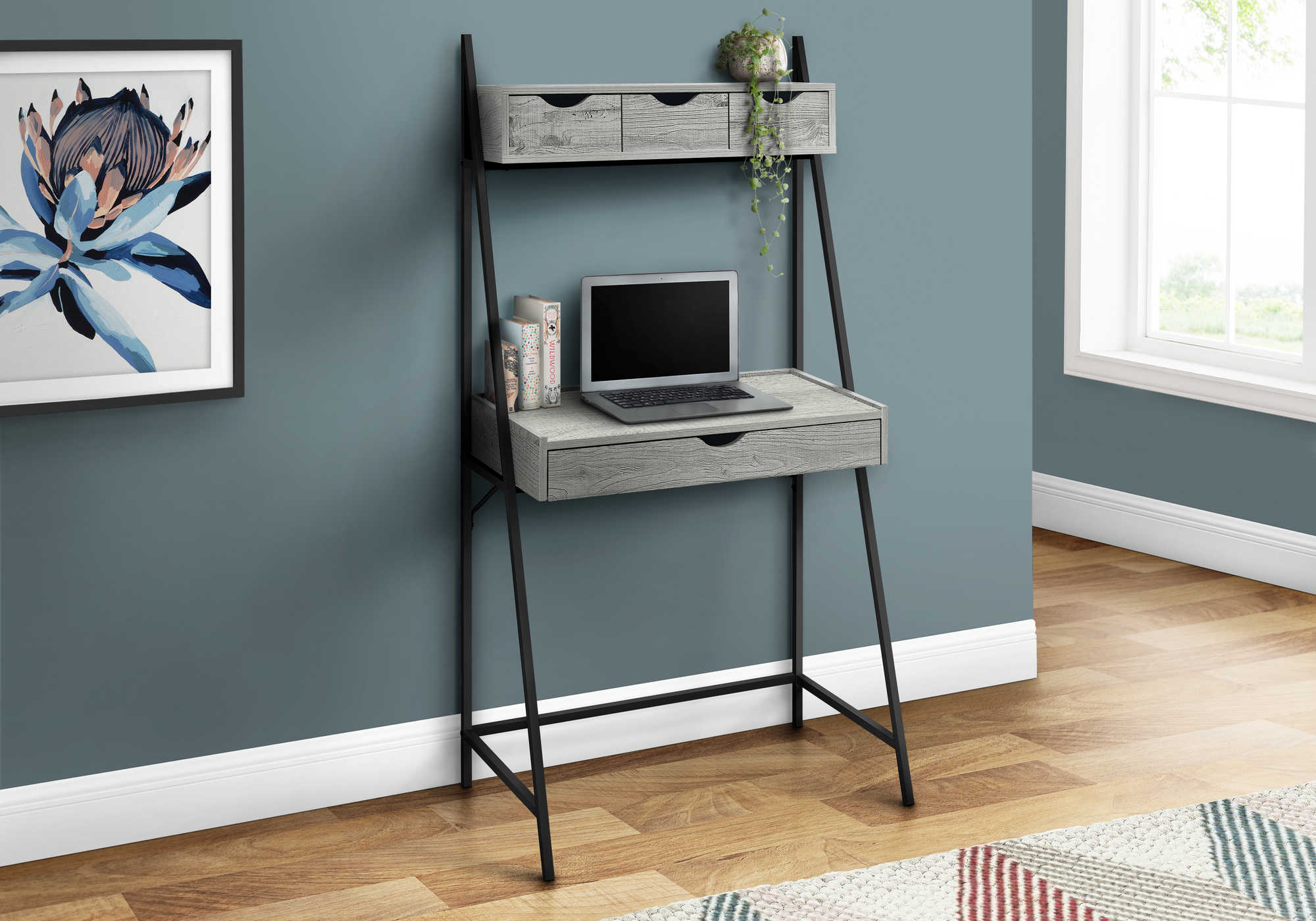 BUREAU D'ORDINATEUR - 32"L / GRIS / MÉTAL NOIR # I 7331