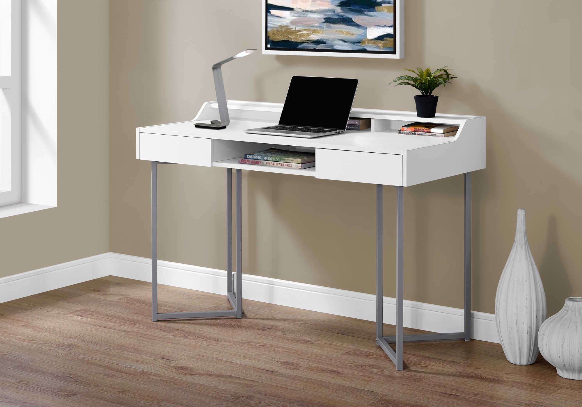 BUREAU D'ORDINATEUR - 48"L / BLANC / MÉTAL ARGENT # I 7361