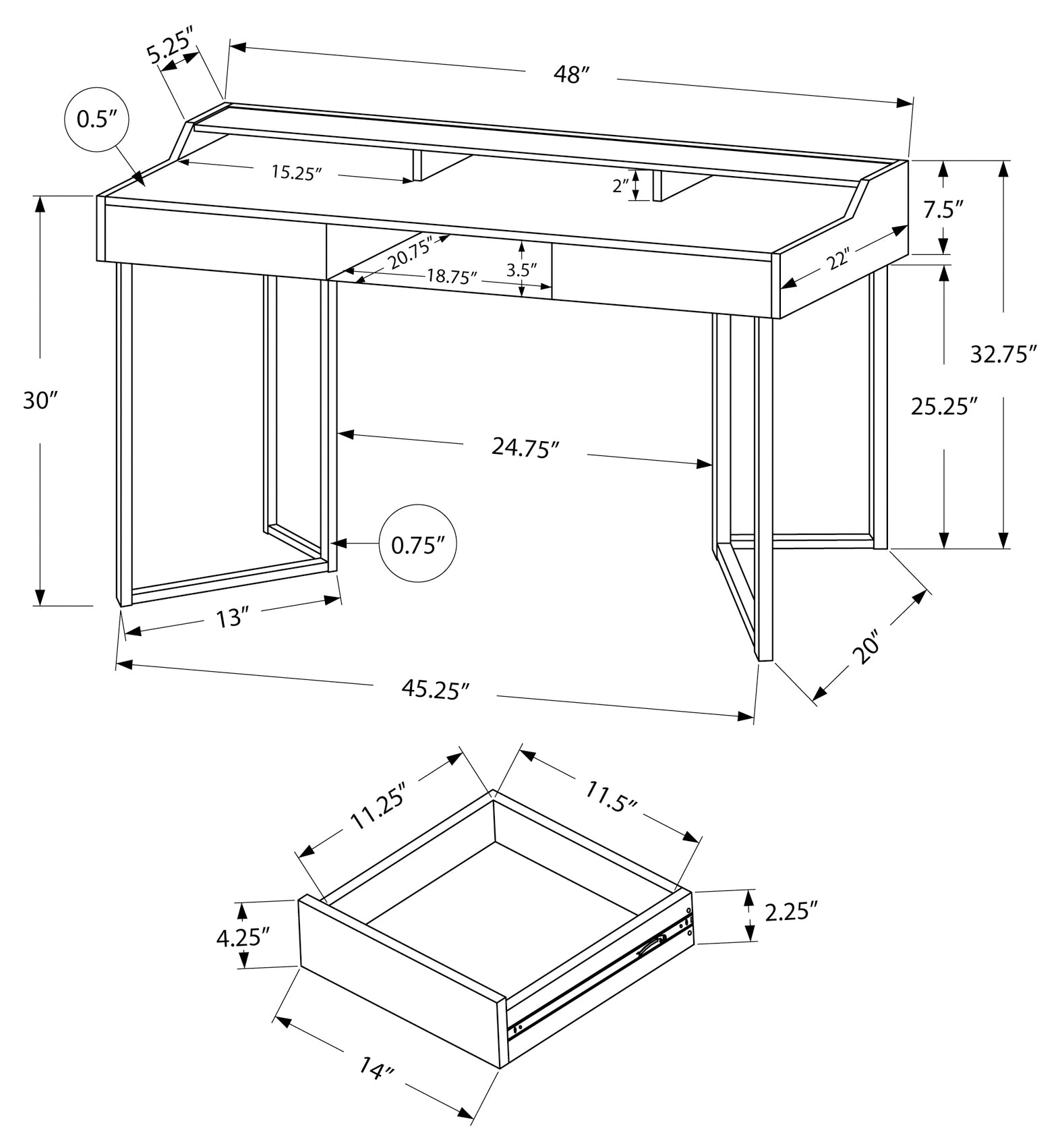 BUREAU D'ORDINATEUR - 48"L / BLANC / MÉTAL ARGENT # I 7361