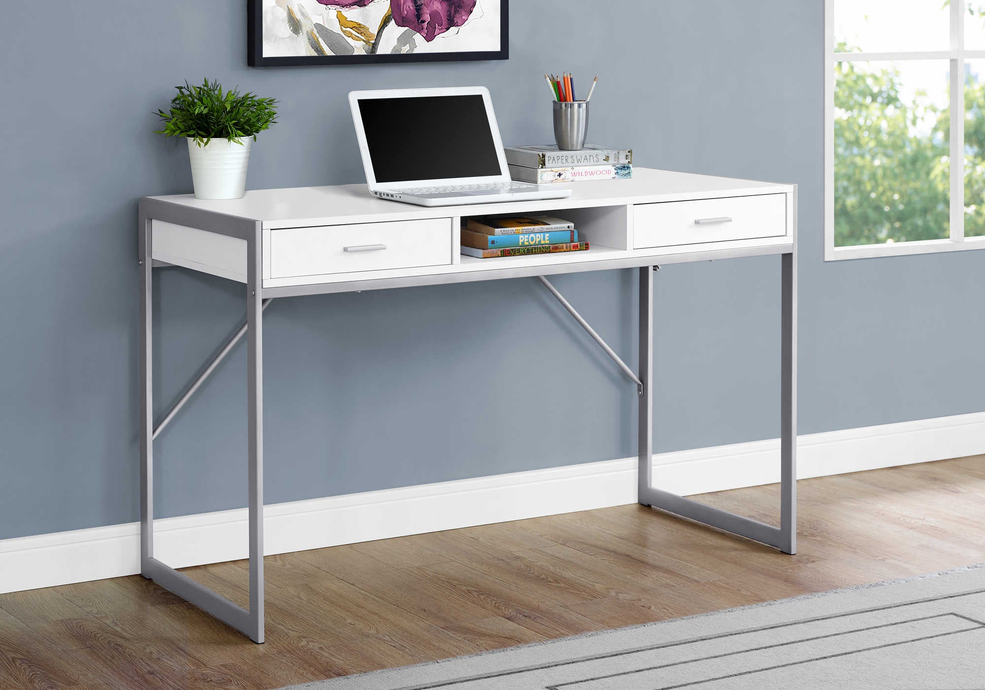 BUREAU D'ORDINATEUR - 48"L / BLANC / MÉTAL ARGENT # I 7364