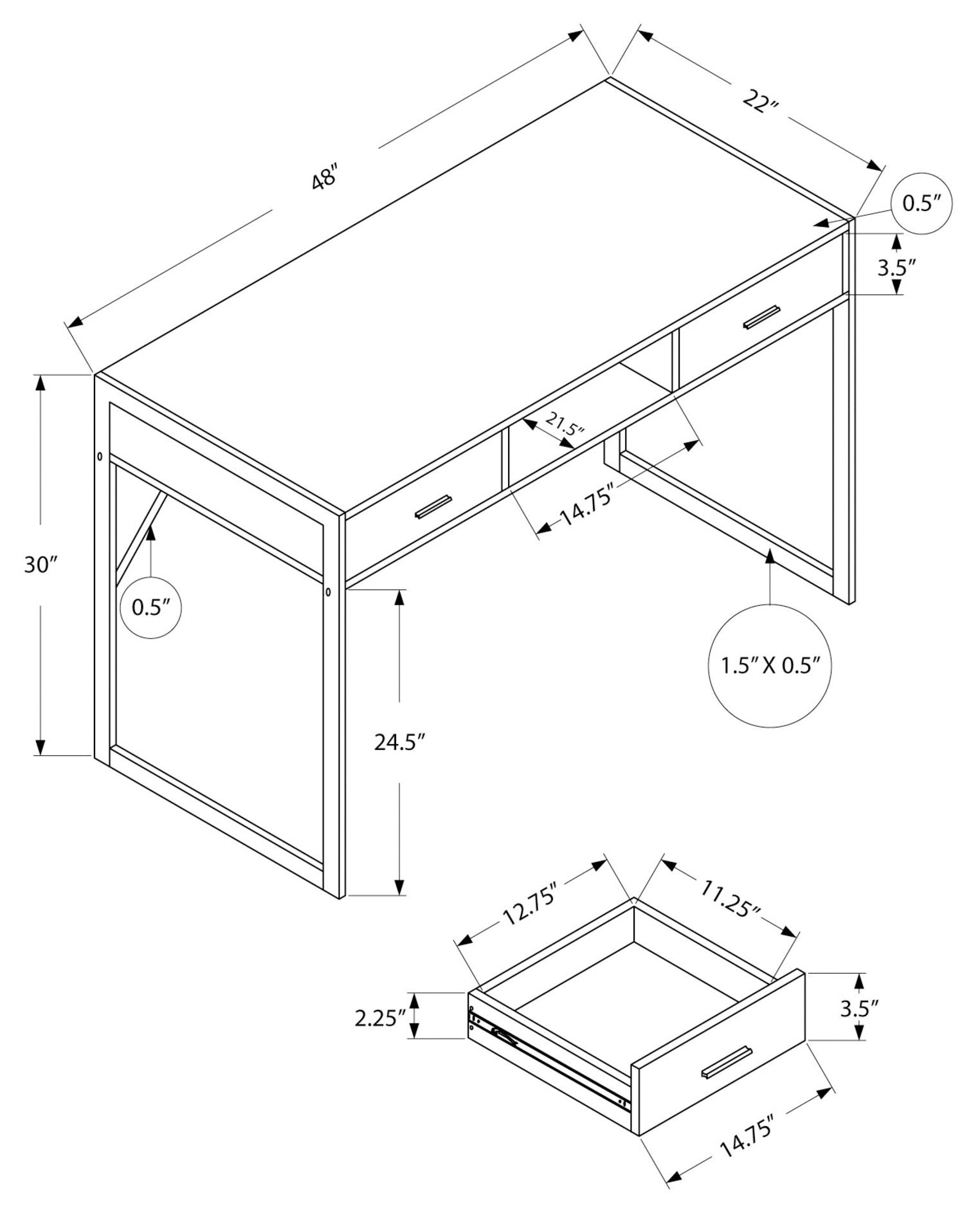 BUREAU D'ORDINATEUR - 48"L / BLANC / MÉTAL ARGENT # I 7364