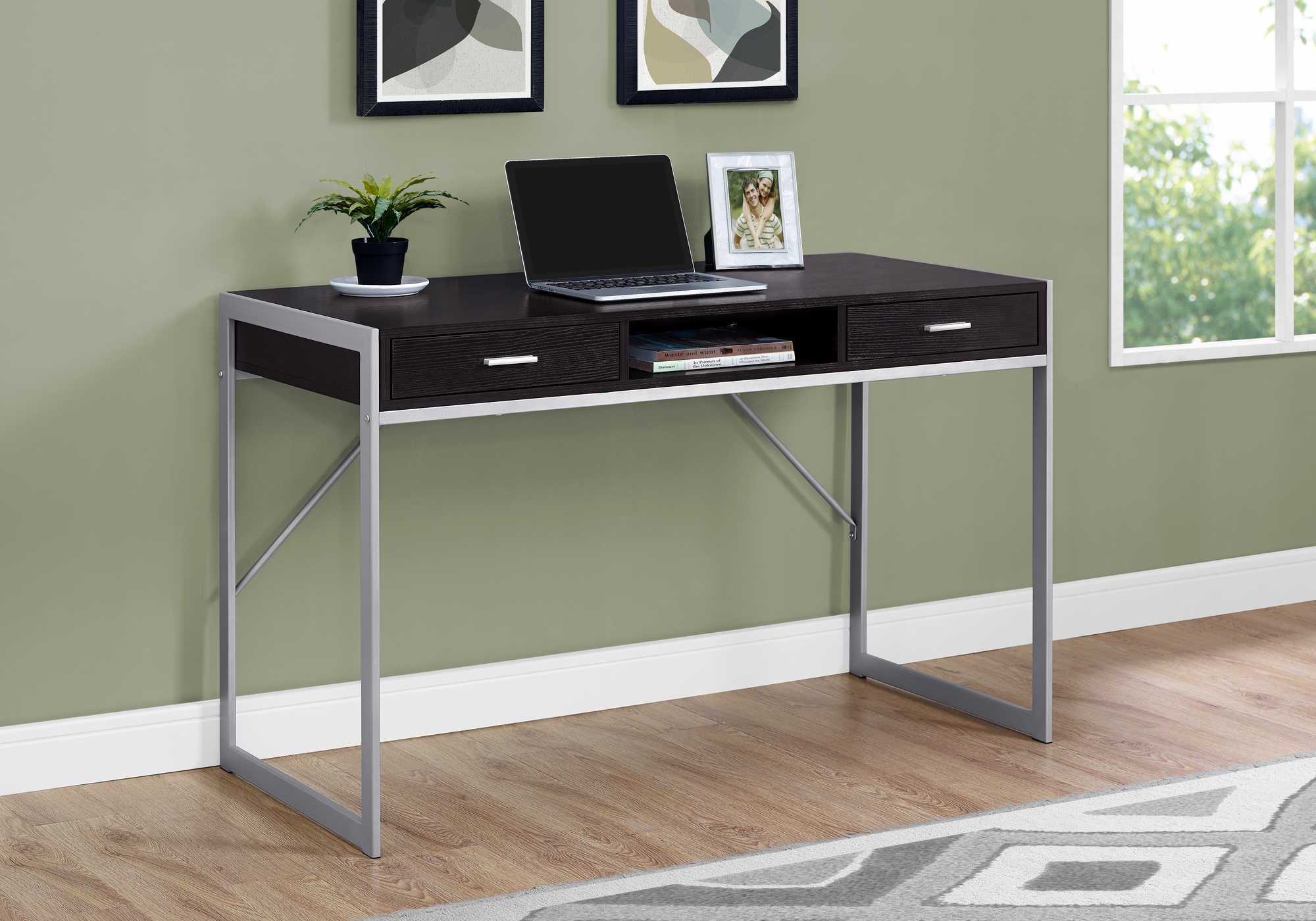 BUREAU D'ORDINATEUR - 48"L / ESPRESSO / MÉTAL ARGENT # I 7366