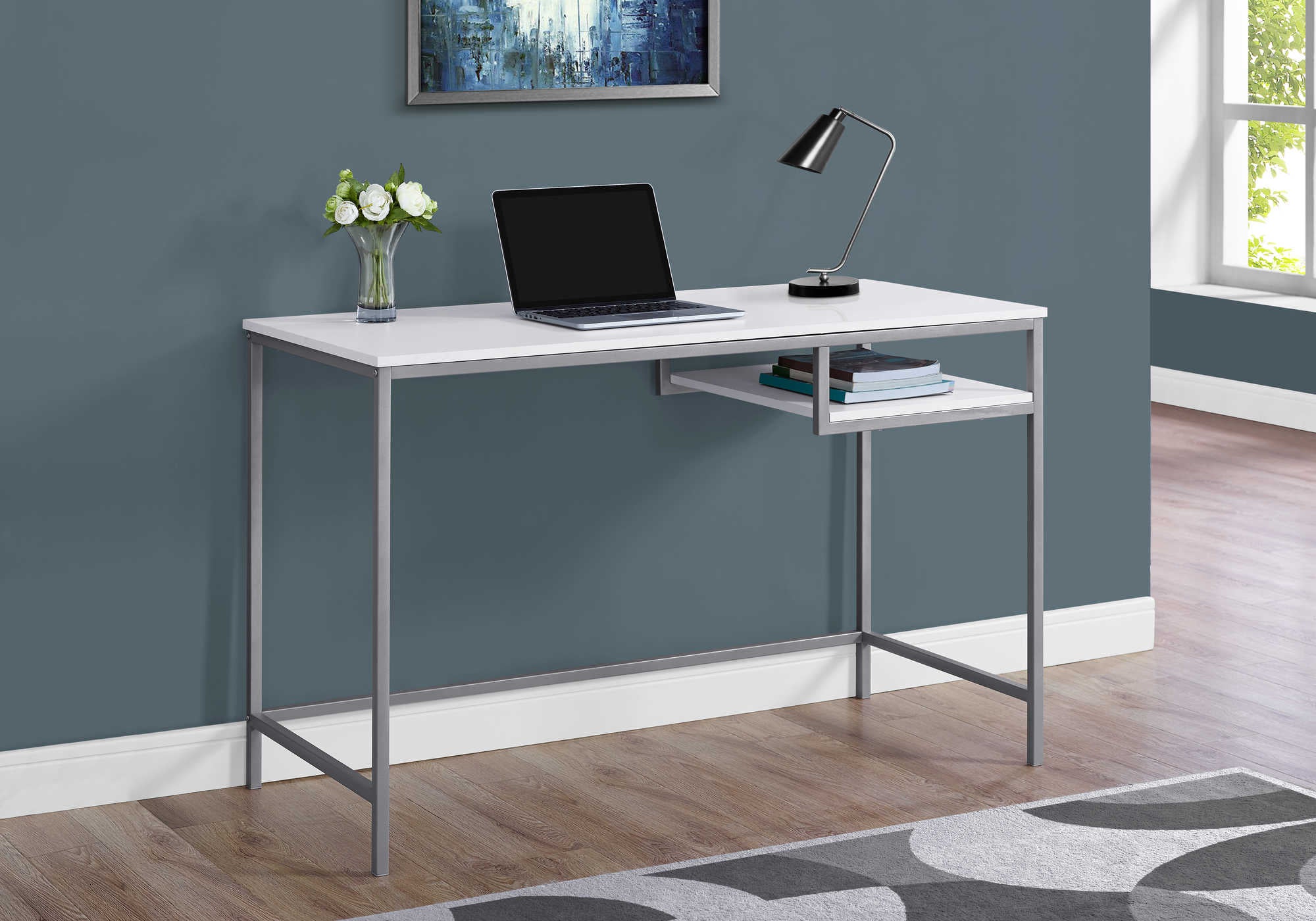 BUREAU D'ORDINATEUR - 48"L / BLANC / MÉTAL ARGENT # I 7368