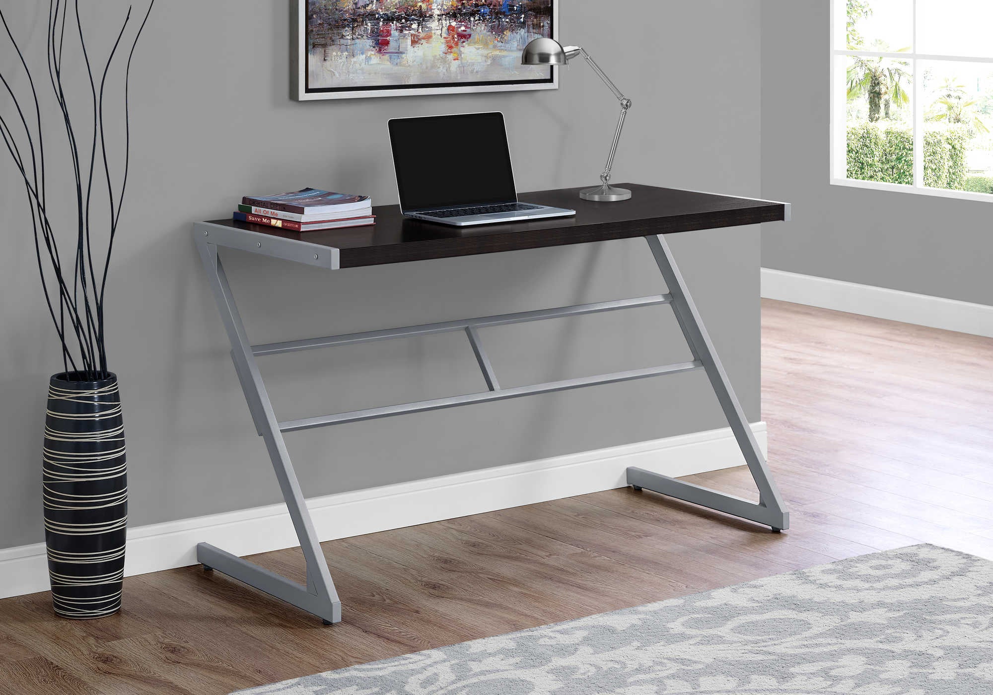 BUREAU D'ORDINATEUR - 48"L / ESPRESSO / MÉTAL ARGENT # I 7374