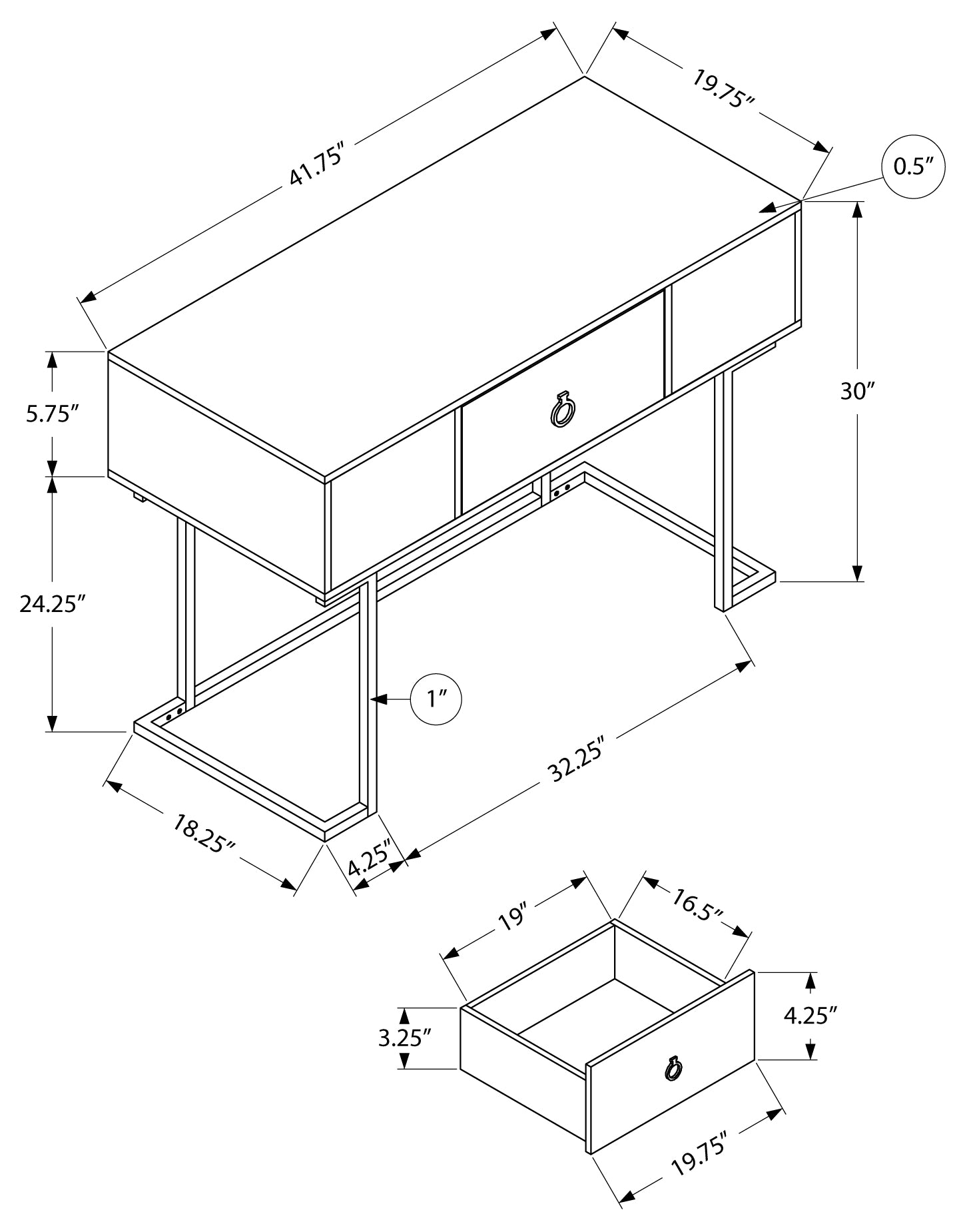 BUREAU D'ORDINATEUR - 42"L / BLANC / MÉTAL NOIR # I 7385