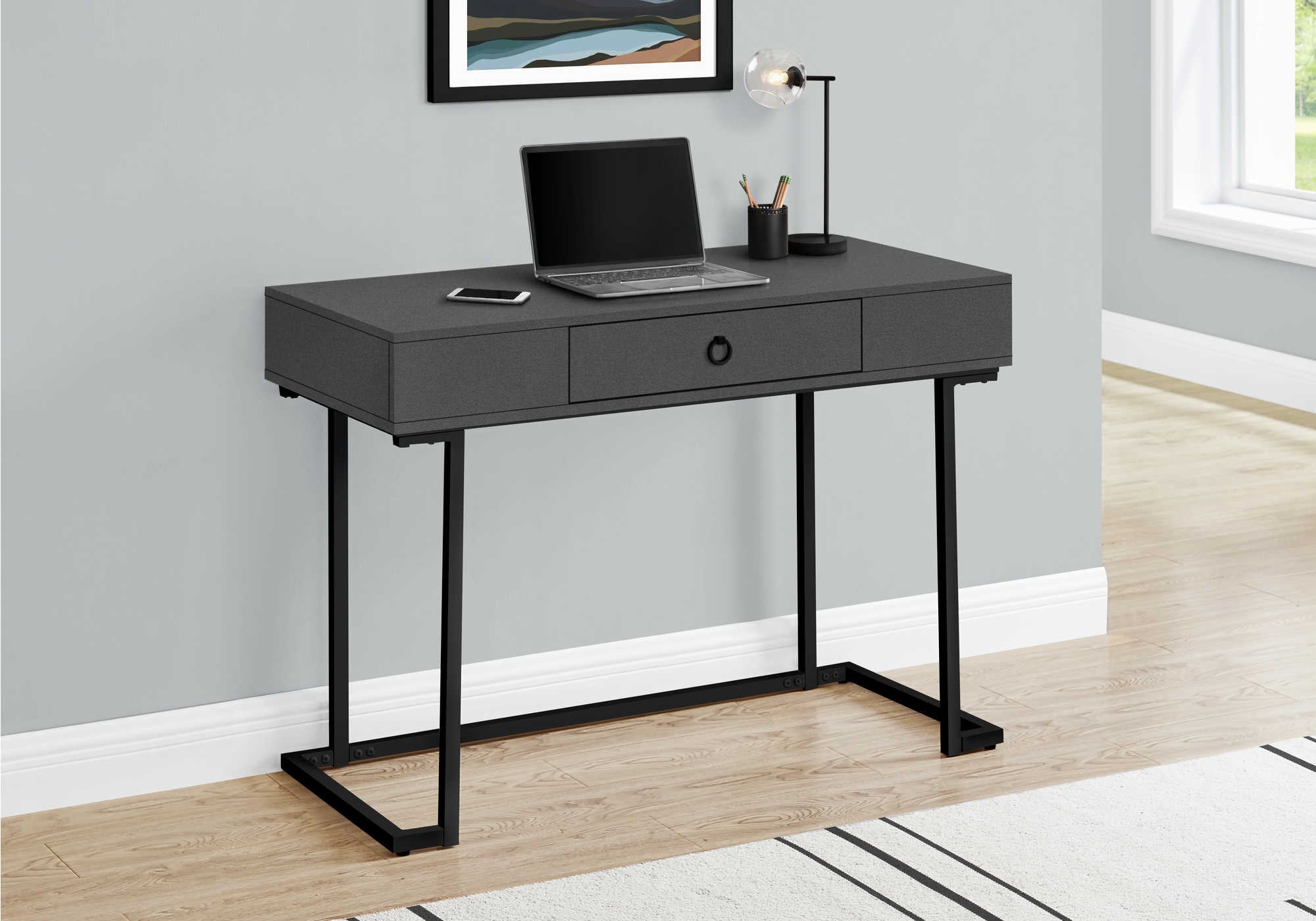 BUREAU D'ORDINATEUR - 42"L / GRIS MODERNE / MÉTAL NOIR # I 7386