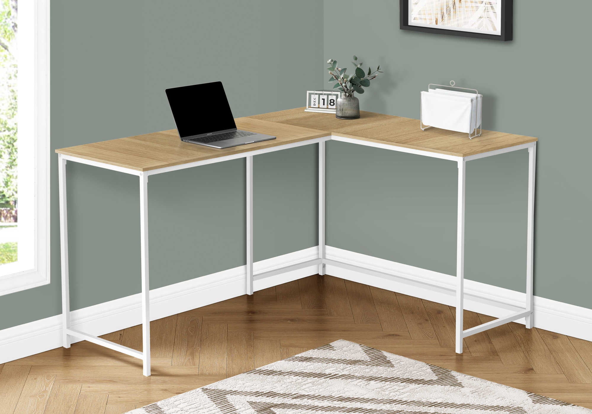 COMPUTER DESK - 58"L / NATURAL / WHITE METAL CORNER # I 7397