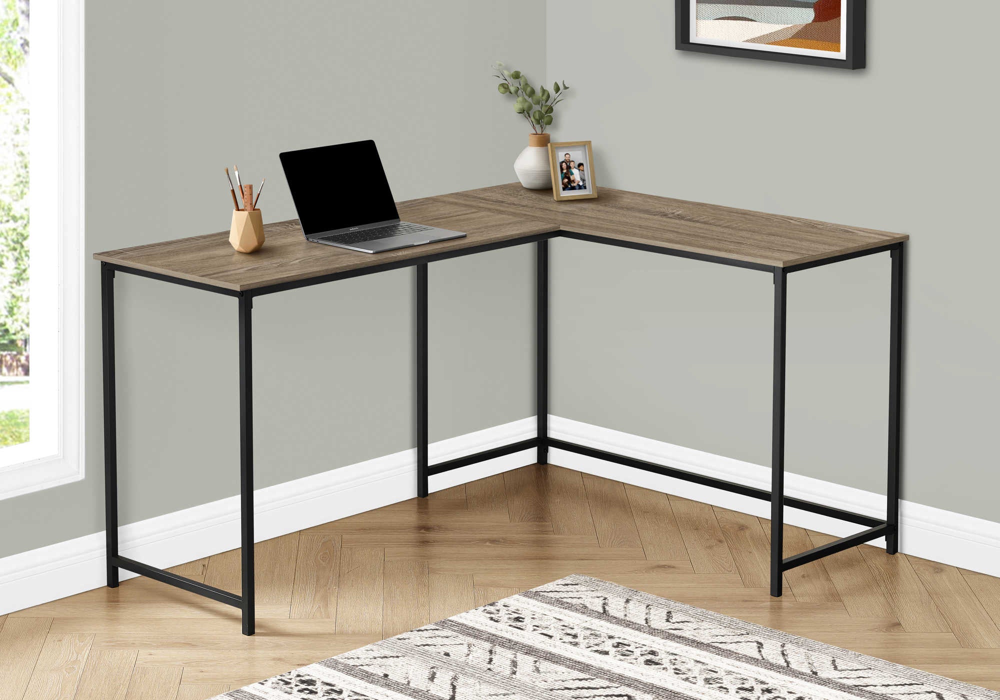 COMPUTER DESK - 58"L/ DARK TAUPE/ BLACK METAL CORNER # I 7398