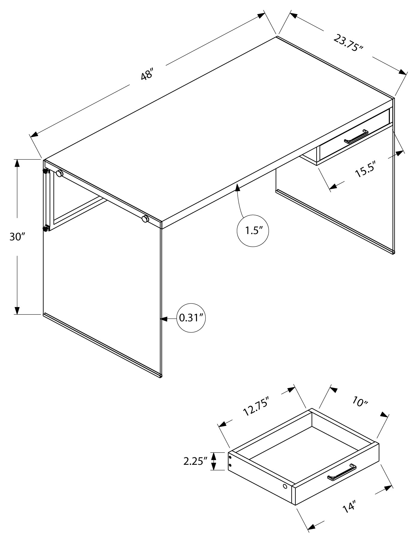 BUREAU D'ORDINATEUR - 48"L / BOIS RÉCUPÉRÉ BRUN / PANNEAUX DE VERRE # I 7444