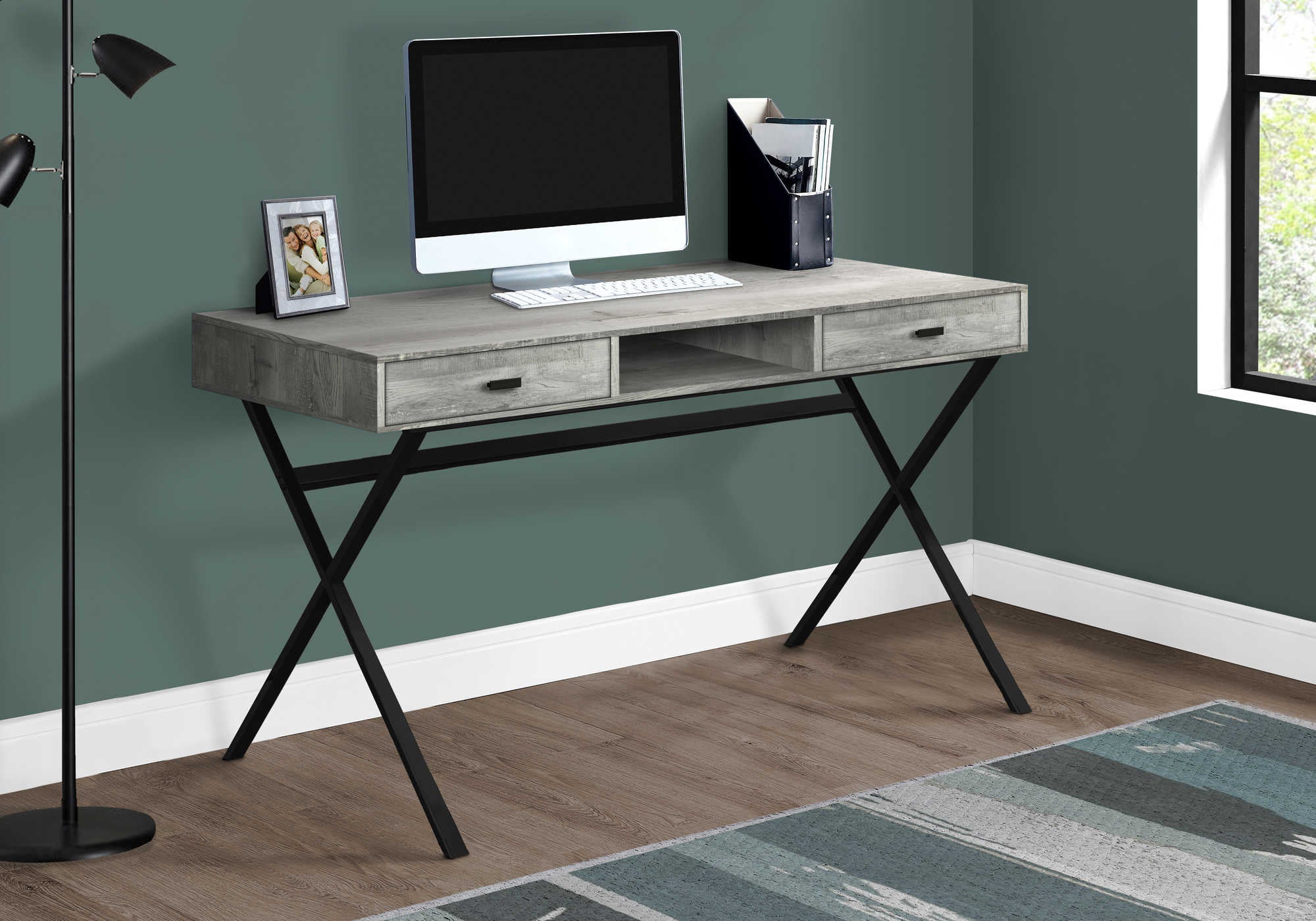 BUREAU D'ORDINATEUR - 48"L / BOIS RÉCUPÉRÉ GRIS / MÉTAL NOIR # I 7448