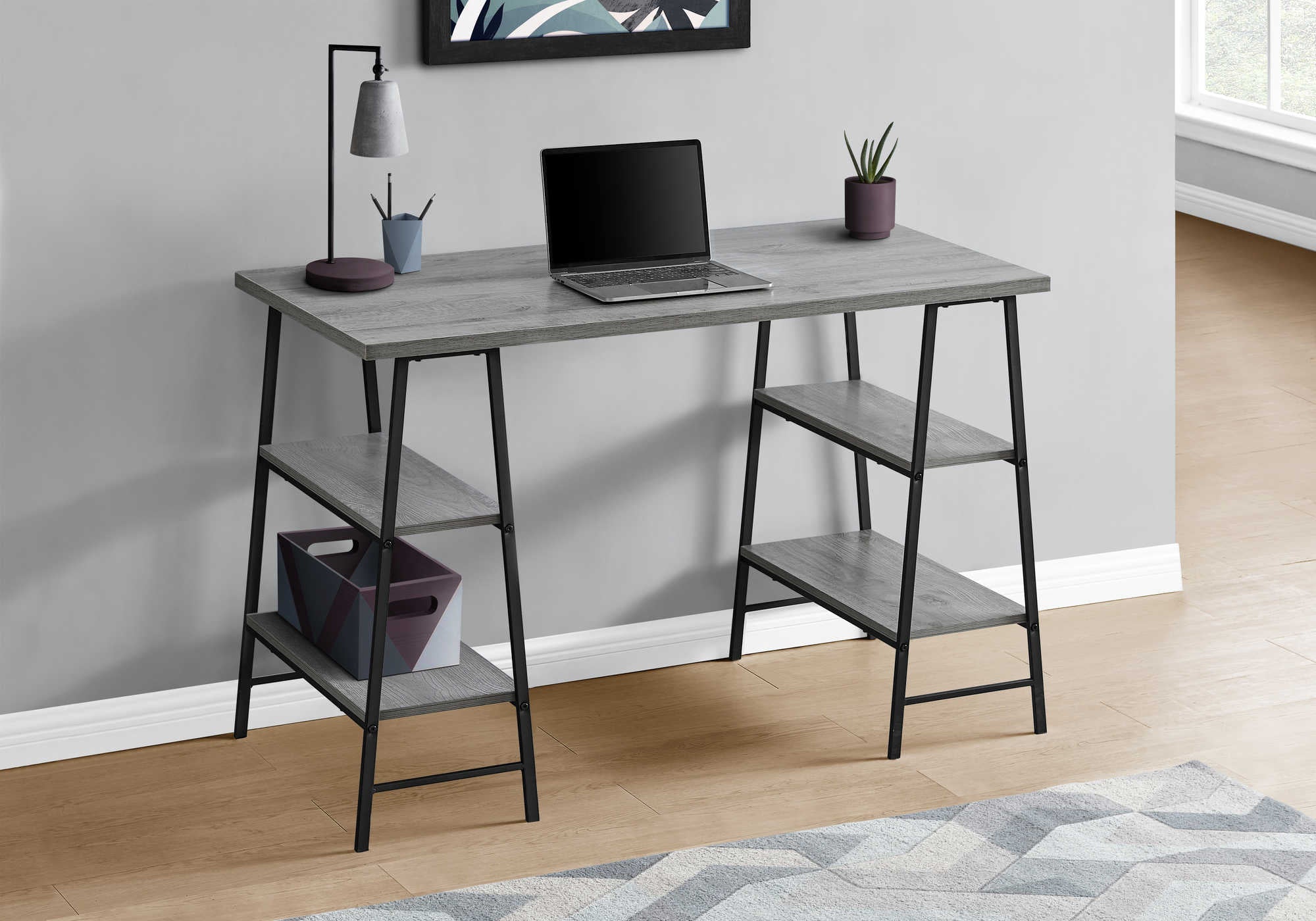 BUREAU D'ORDINATEUR - 48"L / GRIS / MÉTAL NOIR # I 7524