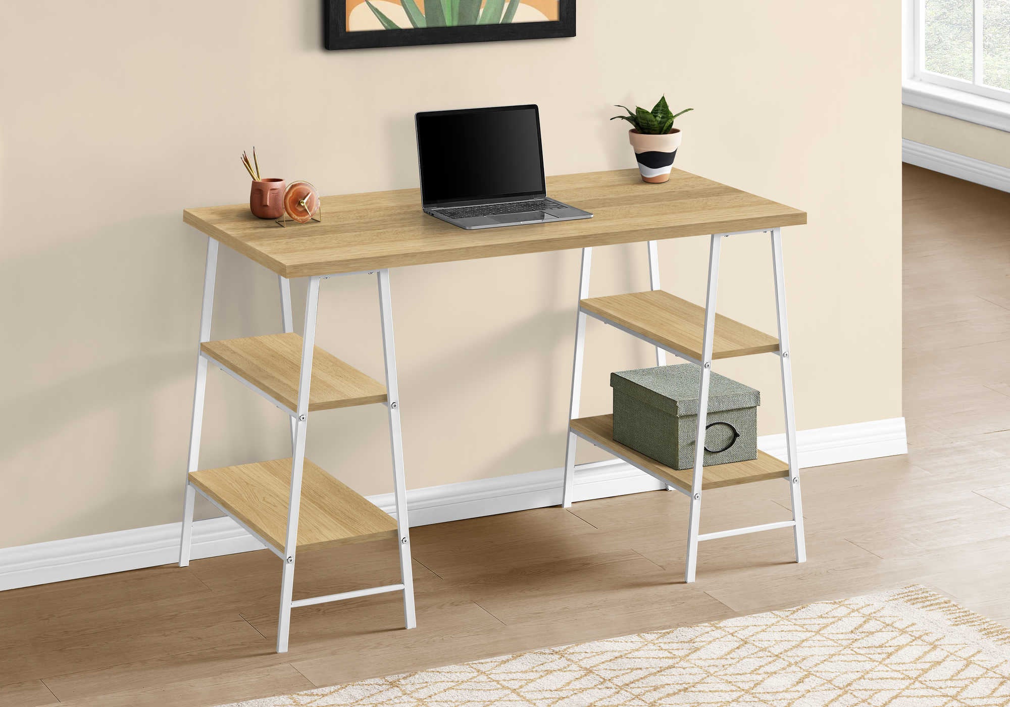 BUREAU D'ORDINATEUR - 48"L / NATUREL / MÉTAL BLANC # I 7529