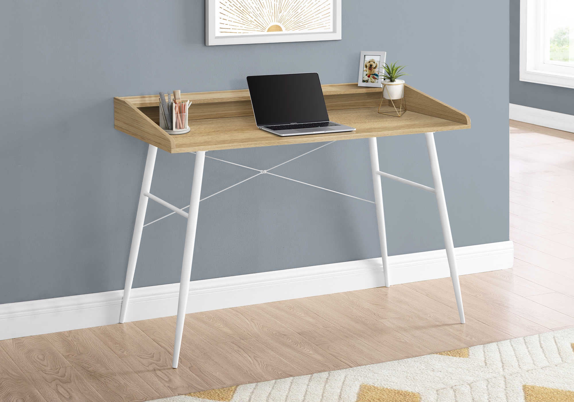 BUREAU D'ORDINATEUR - 48"L / NATUREL / MÉTAL BLANC # I 7534