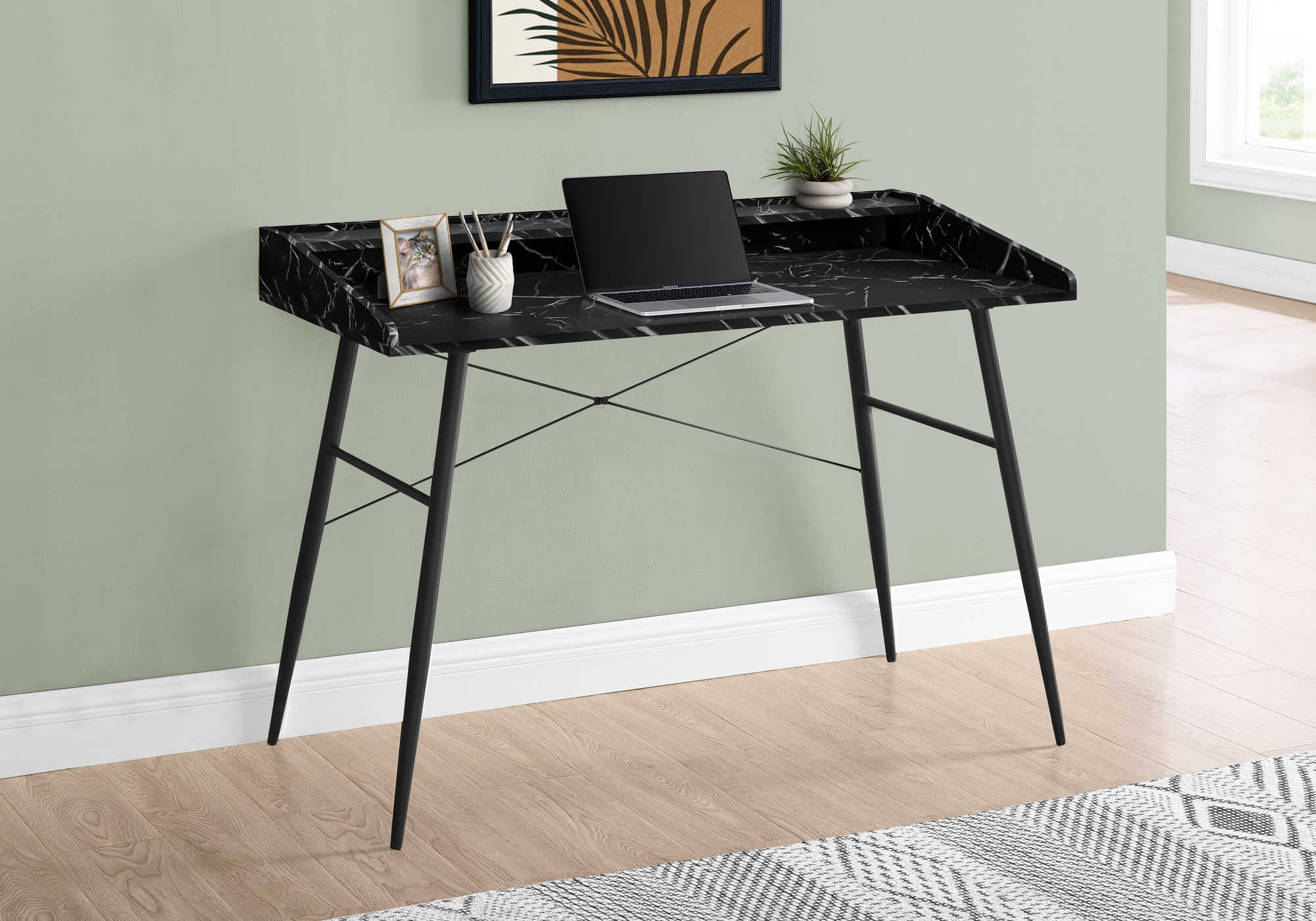 COMPUTER DESK - 48"L / BLACK MARBLE-LOOK / BLACK METAL # I 7542