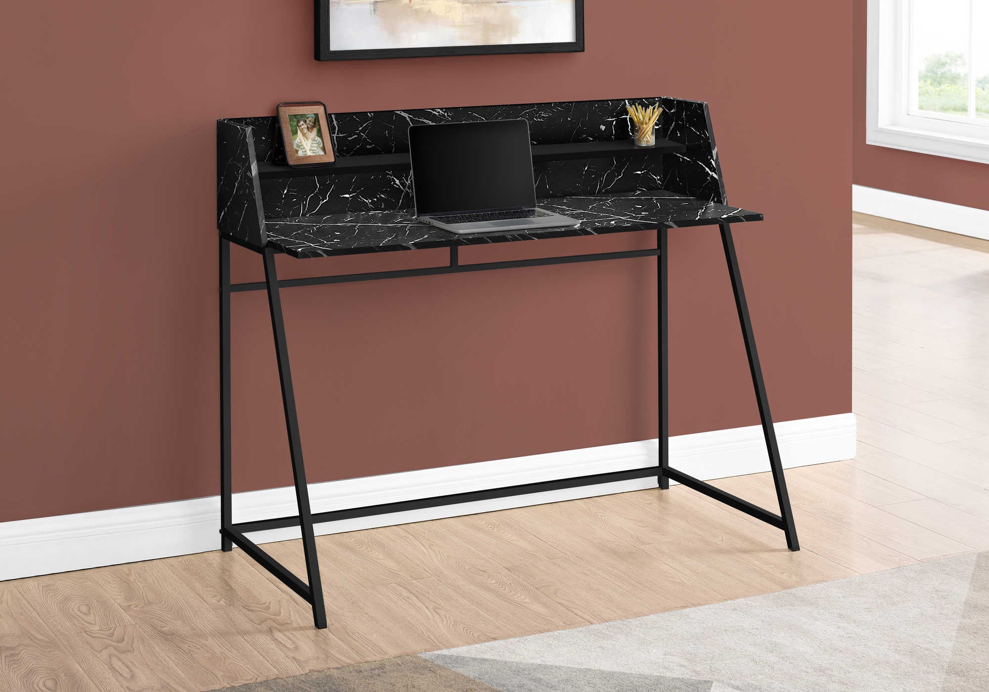 BUREAU D'ORDINATEUR - 48"L / ASPECT MARBRE NOIR / MÉTAL NOIR # I 7544