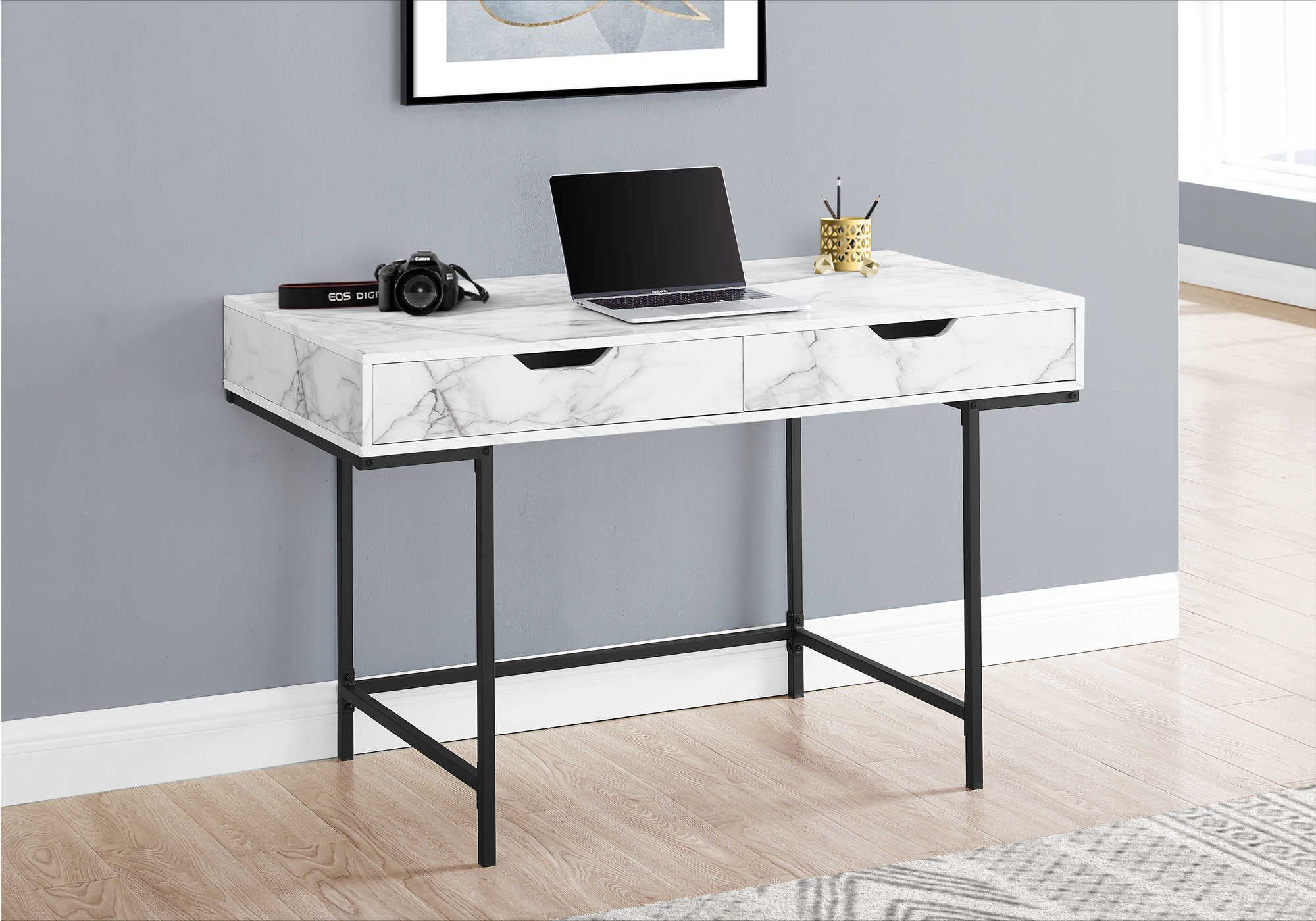 BUREAU D'ORDINATEUR - 48"L / ASPECT MARBRE BLANC / MÉTAL NOIR # I 7558