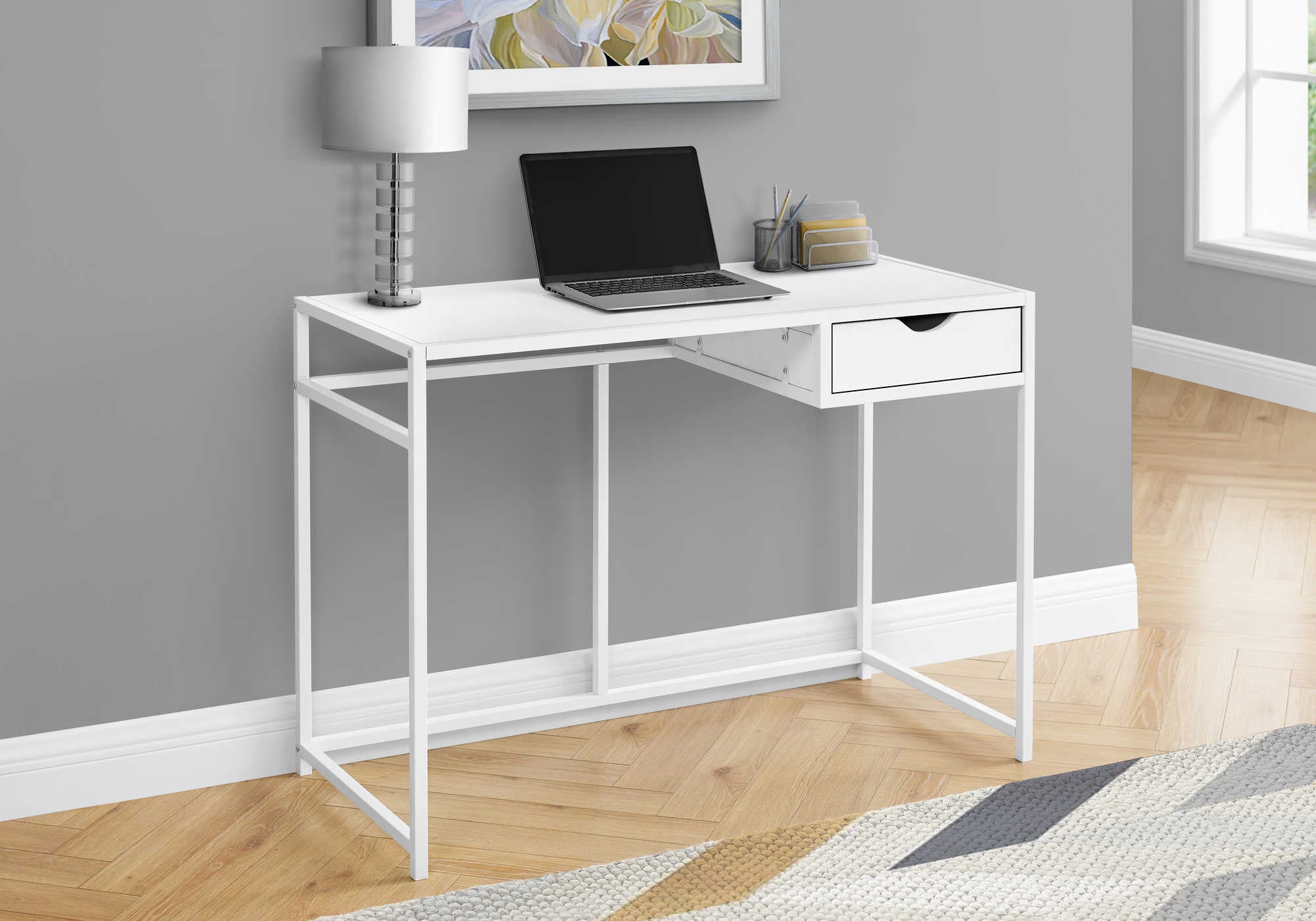 BUREAU D'ORDINATEUR - 42"L / BLANC / MÉTAL BLANC # I 7570