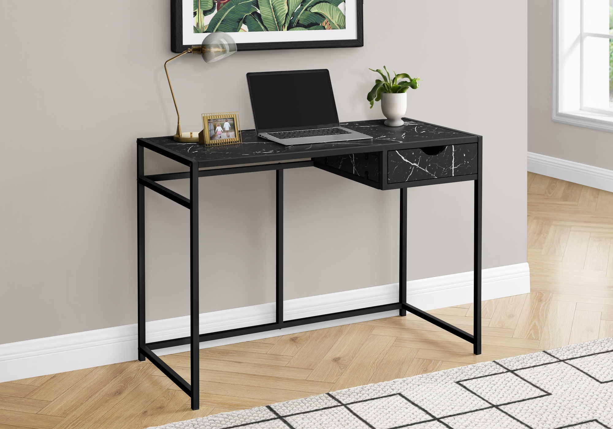 BUREAU D'ORDINATEUR - 42"L / ASPECT MARBRE NOIR / MÉTAL NOIR # I 7572