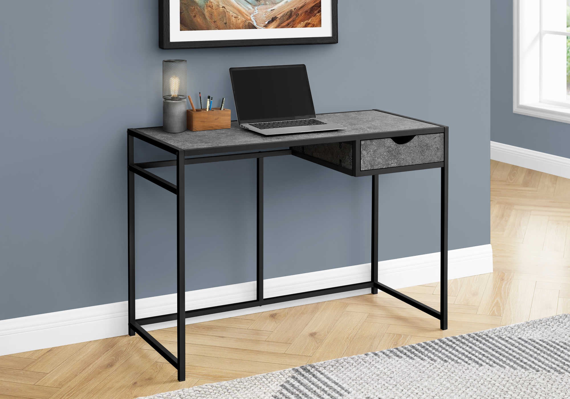 BUREAU D'ORDINATEUR - 42"L / ASPECT PIERRE GRISE / MÉTAL NOIR # I 7573