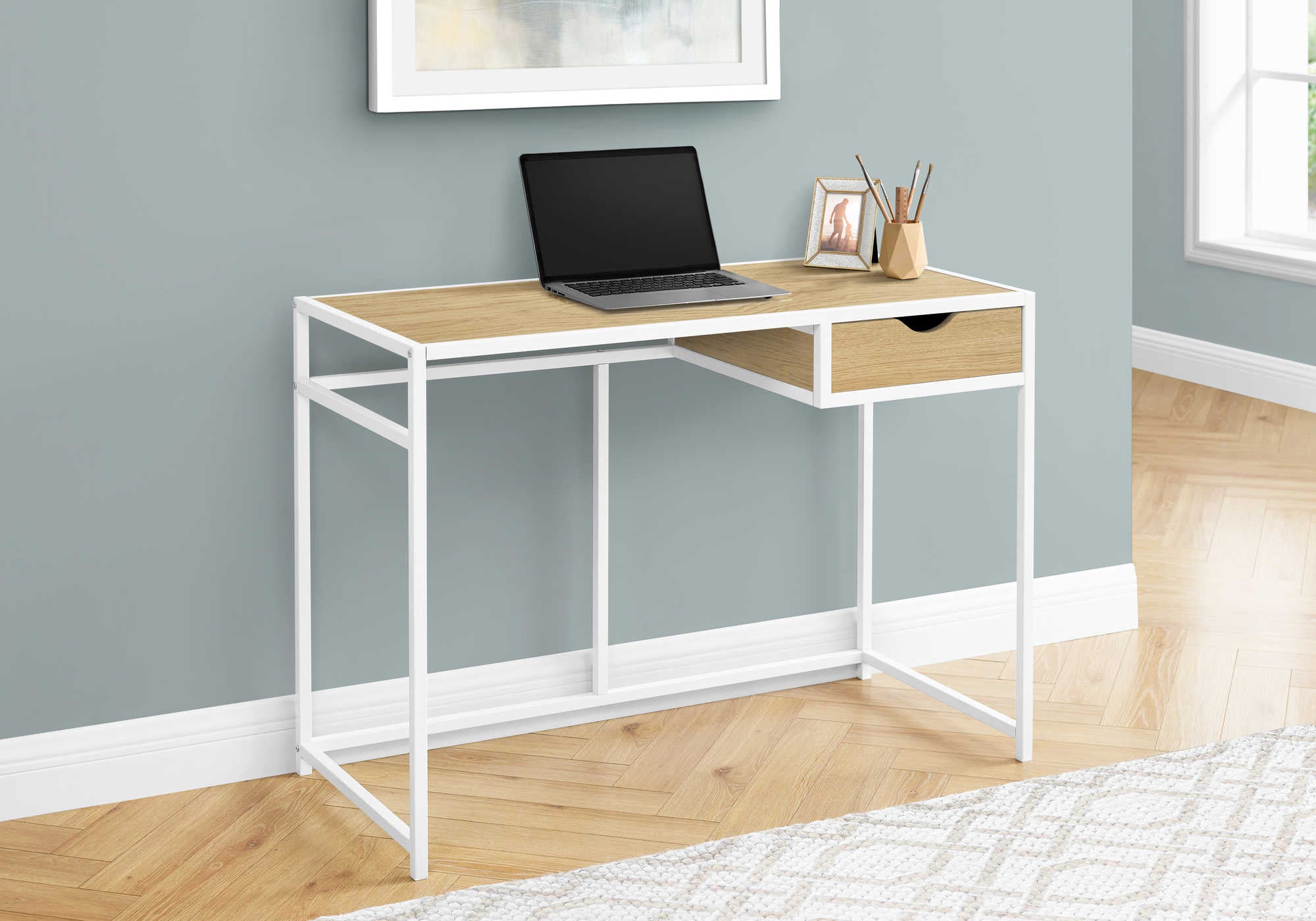 BUREAU D'ORDINATEUR - 42"L / NATUREL / MÉTAL BLANC # I 7575